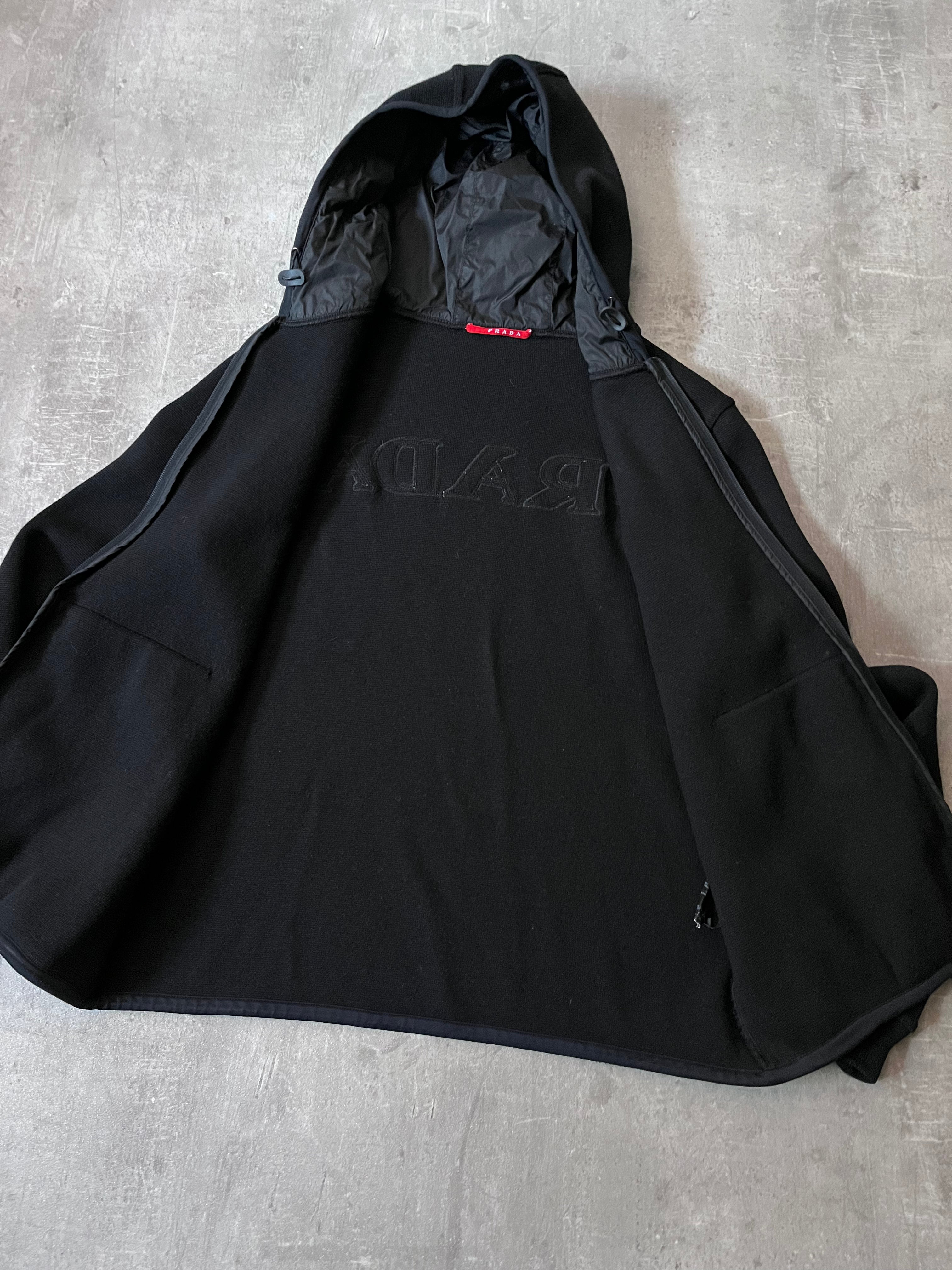 Prada Big Logo Heavyweight Wool Hooded Sweater Jacket Black Men - L