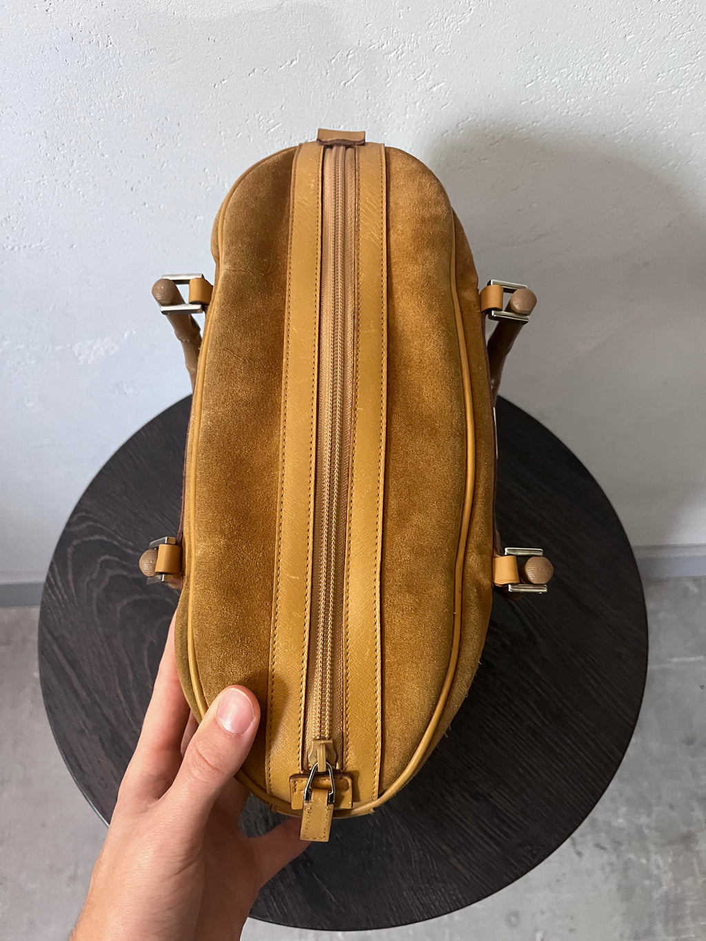 Gucci Vintage Suede Bamboo Handbag Brown