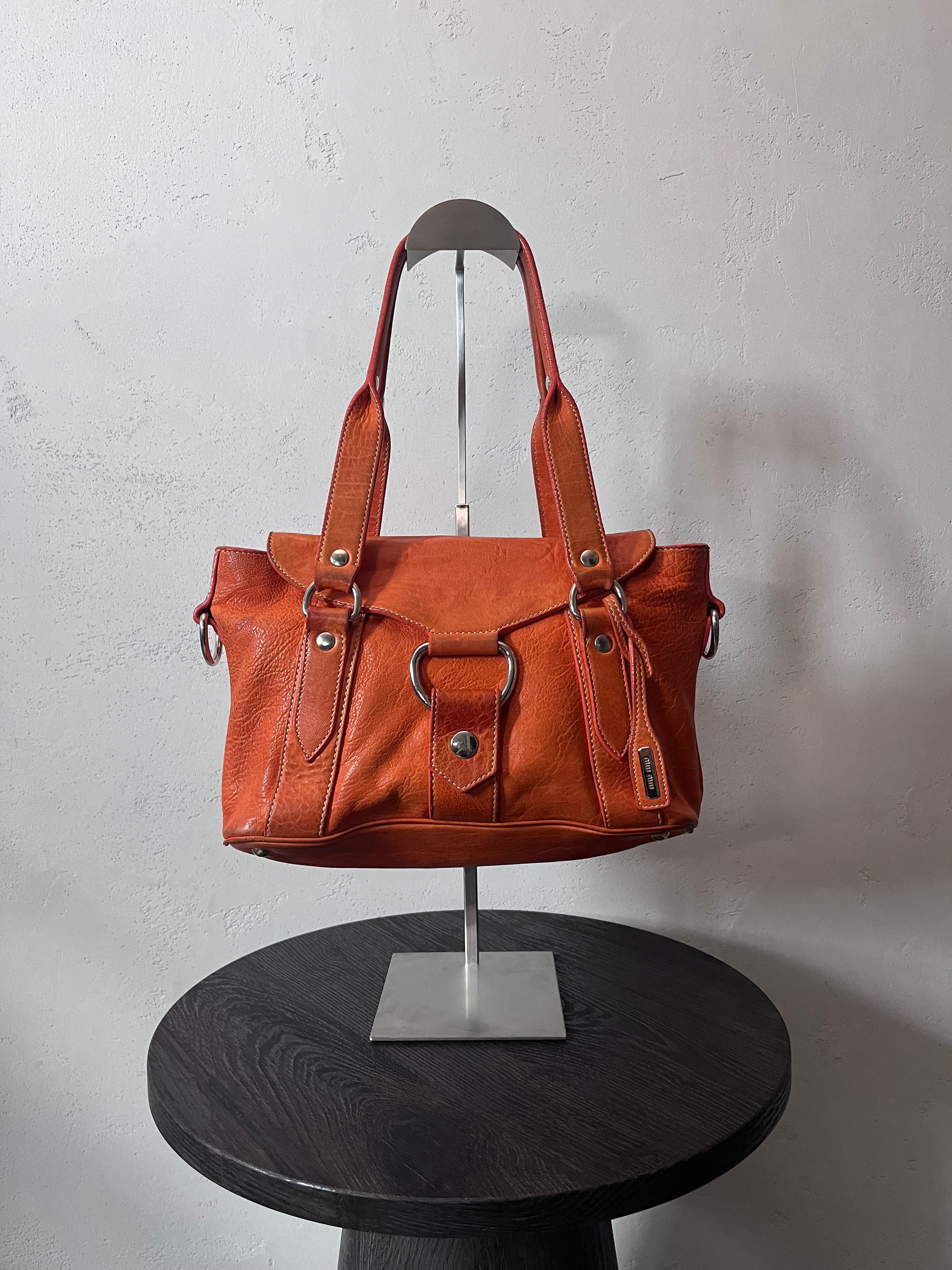 Miu Miu Logo Charm Leather Shoulder Bag Orange
