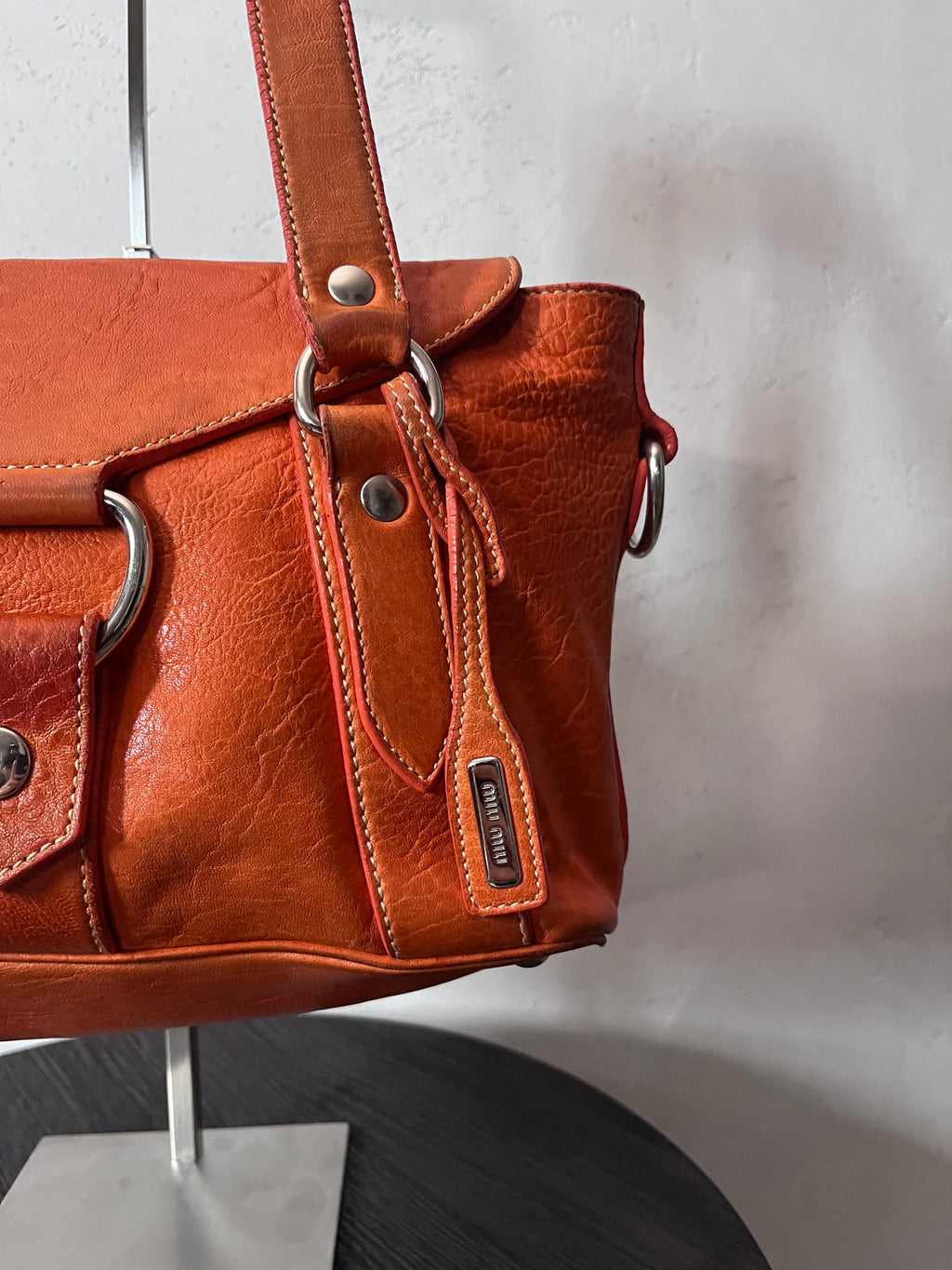 Miu Miu Logo Charm Leather Shoulder Bag Orange