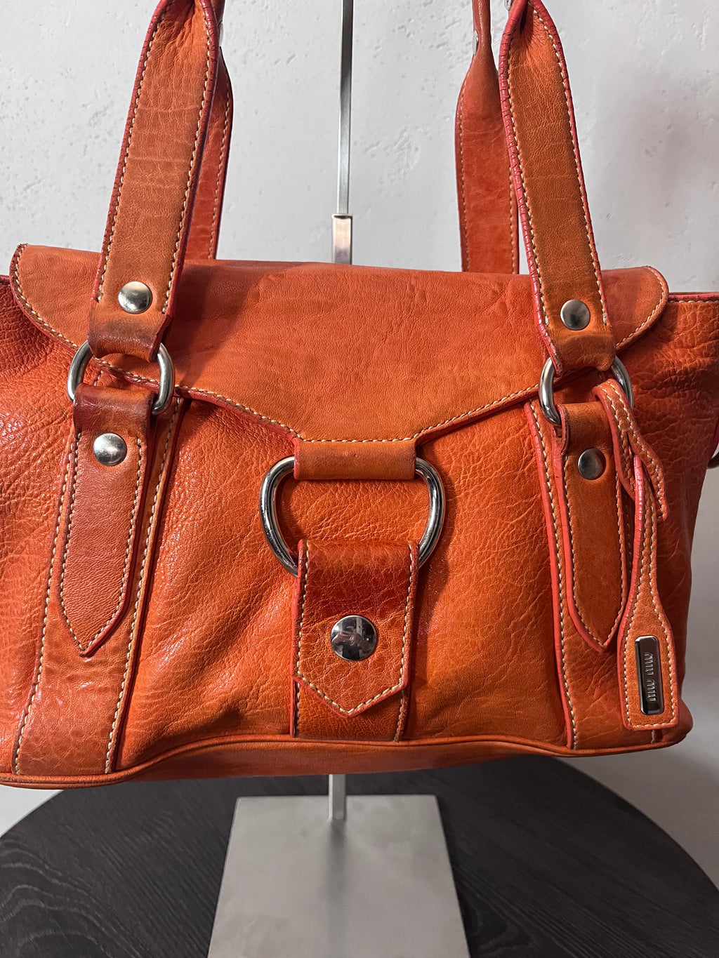 Miu Miu Logo Charm Leather Shoulder Bag Orange