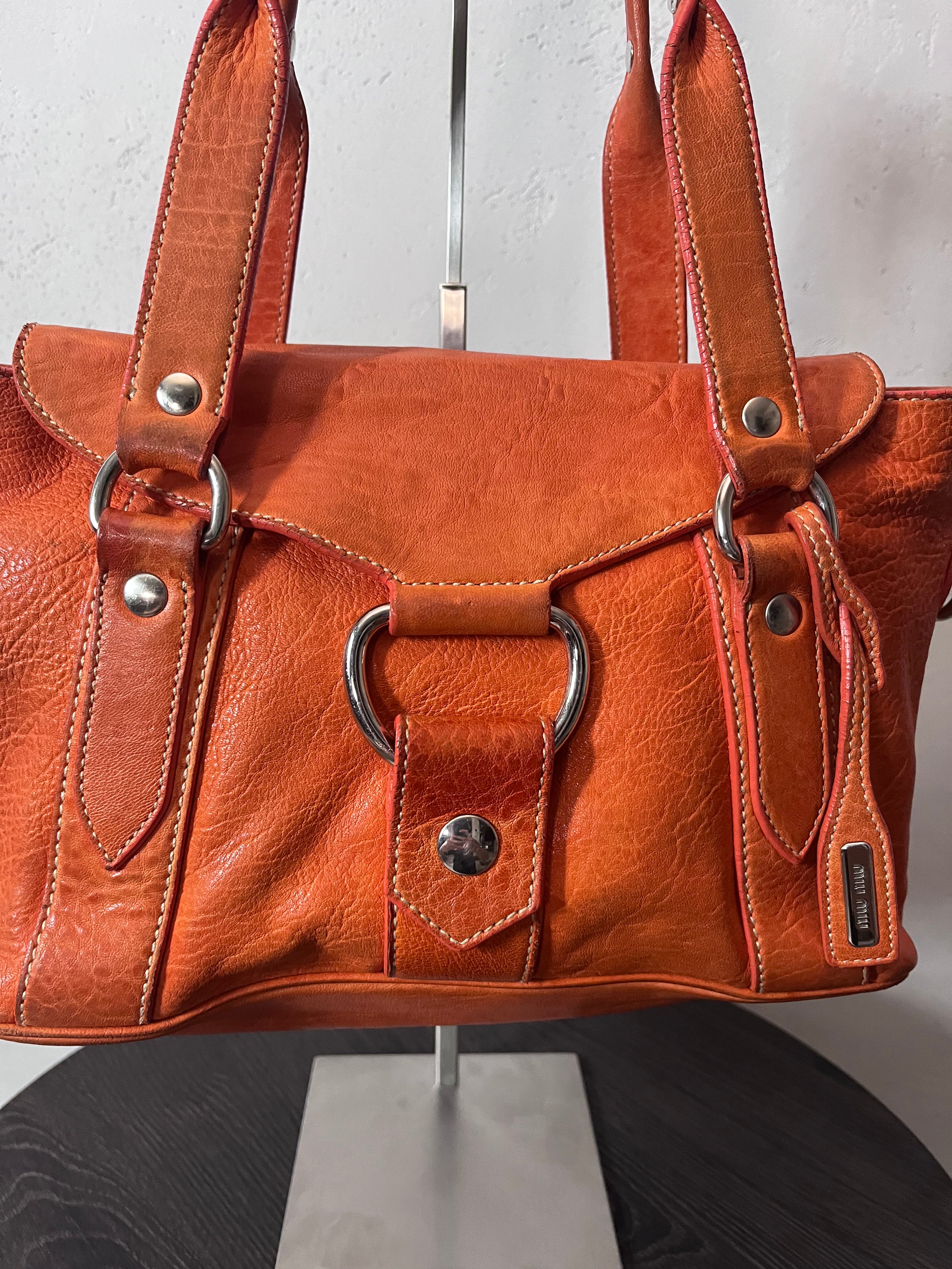 Miu Miu Logo Charm Leather Shoulder Bag Orange