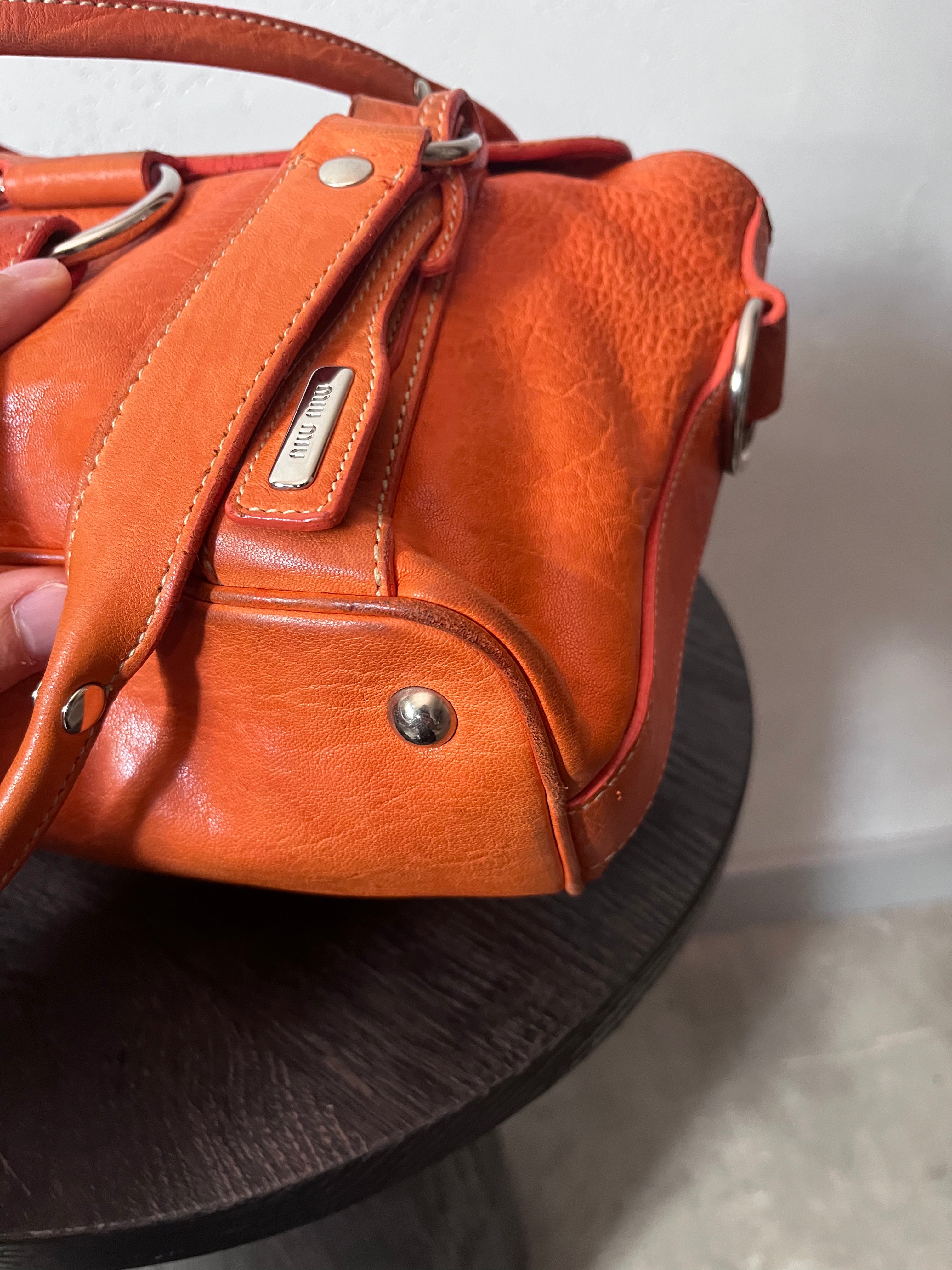 Miu Miu Logo Charm Leather Shoulder Bag Orange