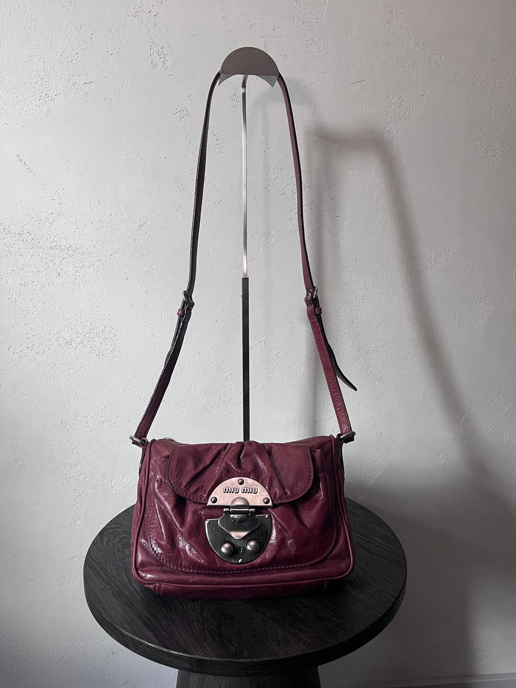 Miu Miu Vintage Ruched Leather Push Lock Shoulder Bag Burgundy