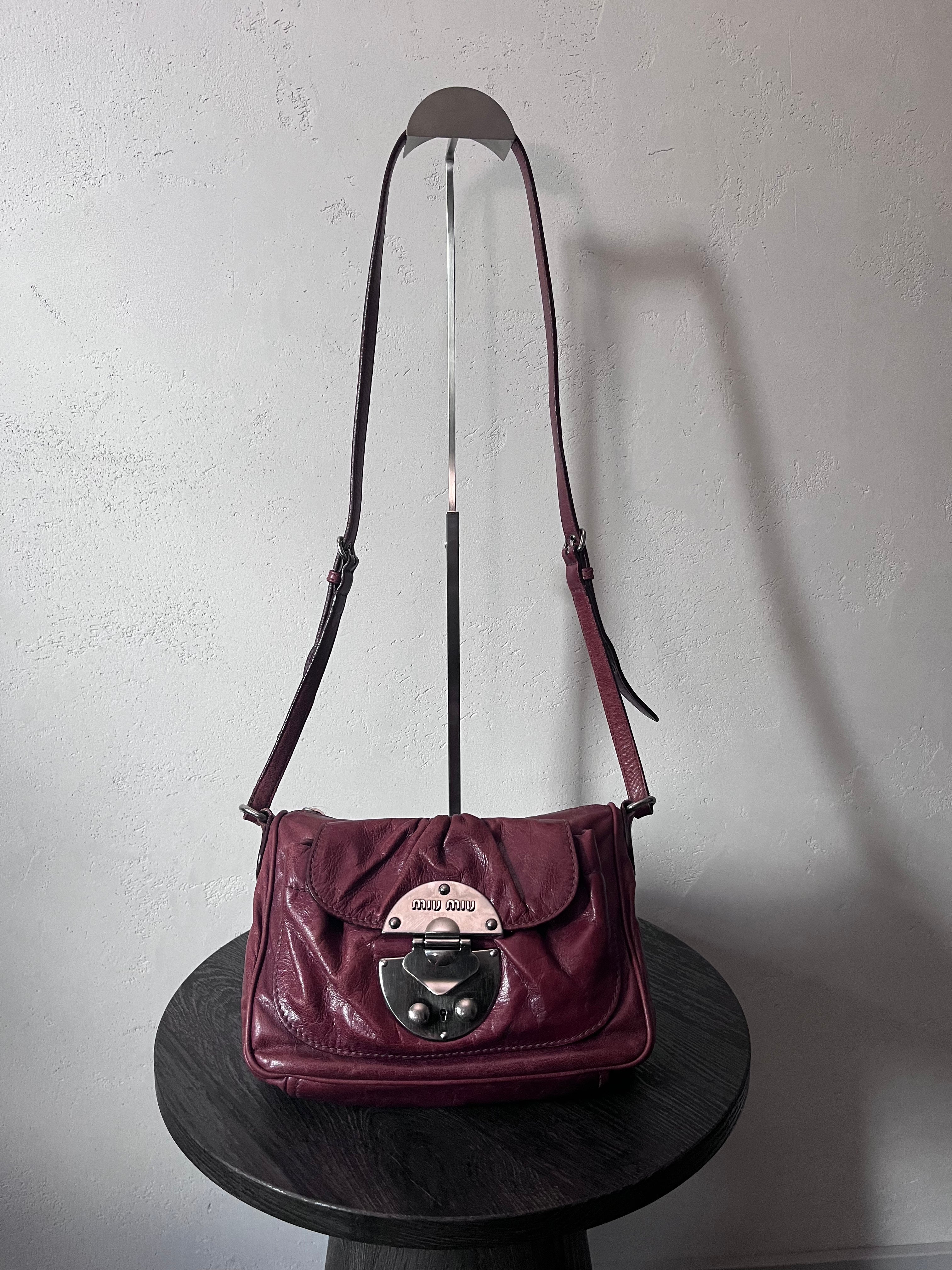 Miu Miu Vintage Ruched Leather Push Lock Shoulder Bag Burgundy