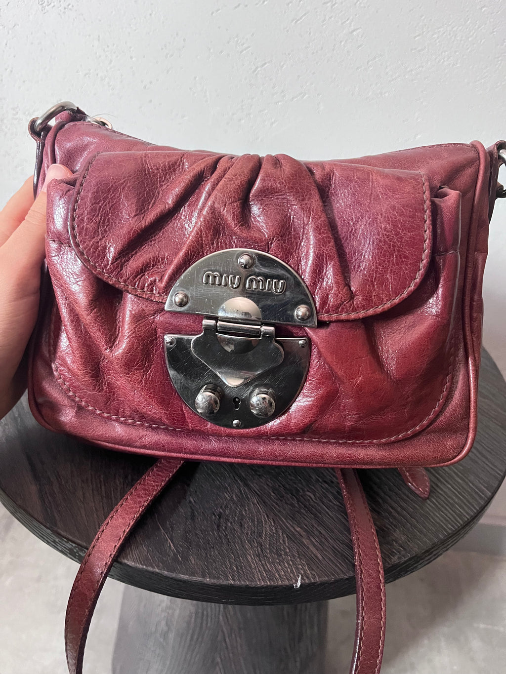 Miu Miu Vintage Ruched Leather Push Lock Shoulder Bag Burgundy