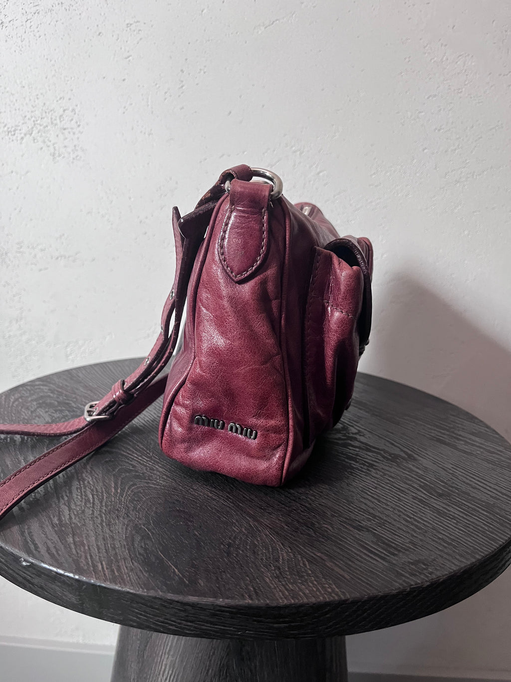 Miu Miu Vintage Ruched Leather Push Lock Shoulder Bag Burgundy