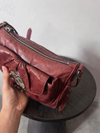 Miu Miu Vintage Ruched Leather Push Lock Shoulder Bag Burgundy