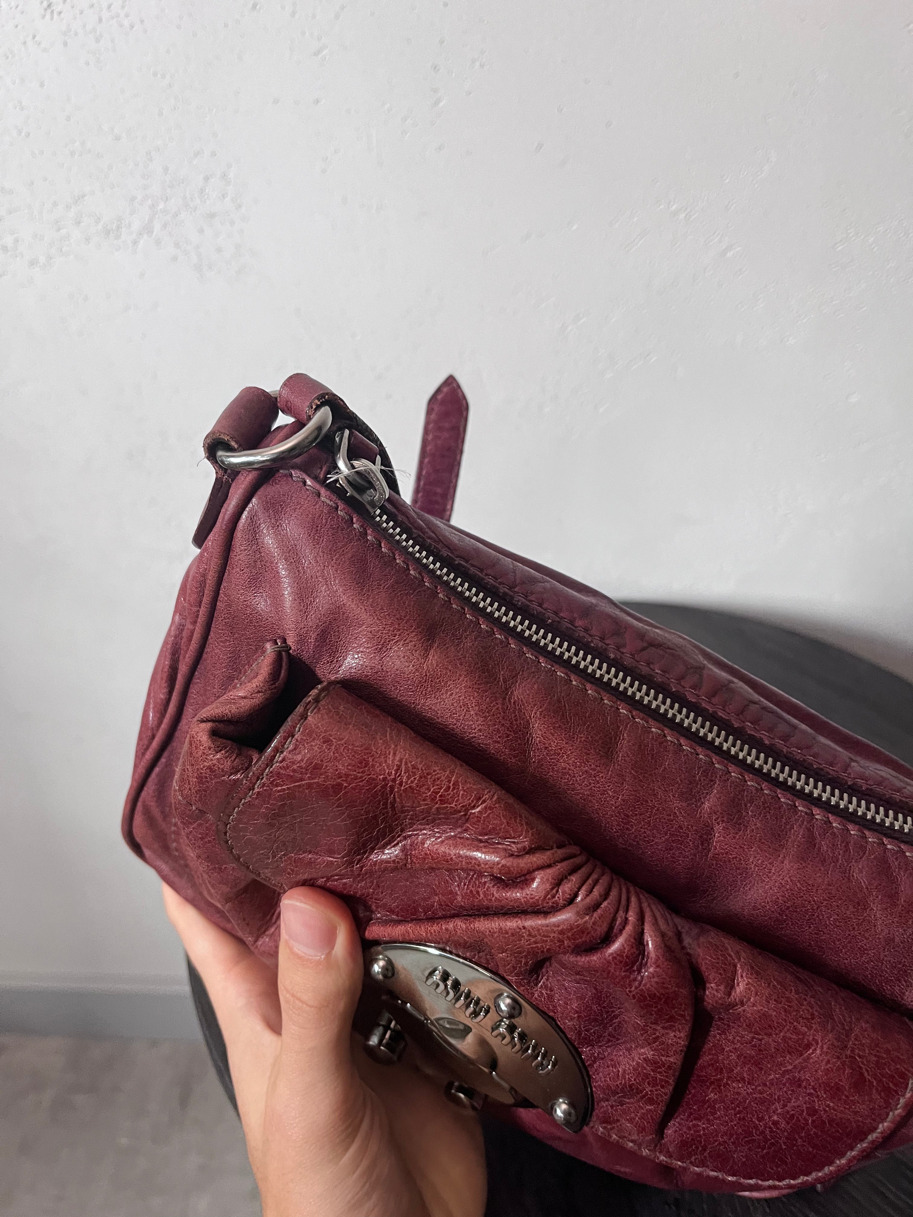 Miu Miu Vintage Ruched Leather Push Lock Shoulder Bag Burgundy