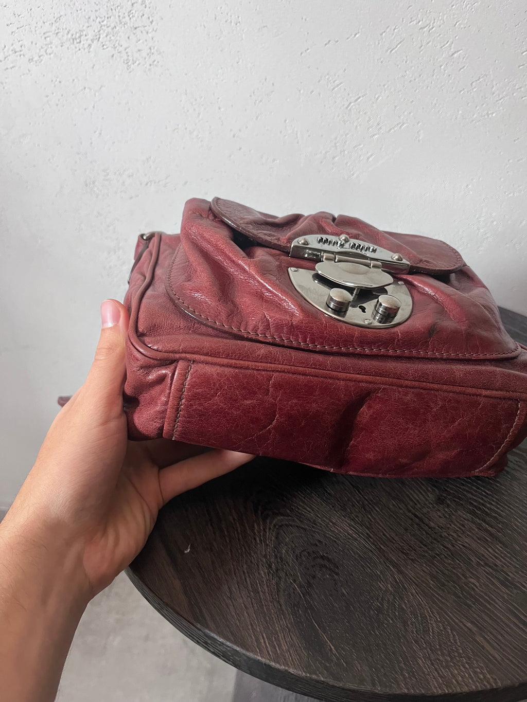 Miu Miu Vintage Ruched Leather Push Lock Shoulder Bag Burgundy