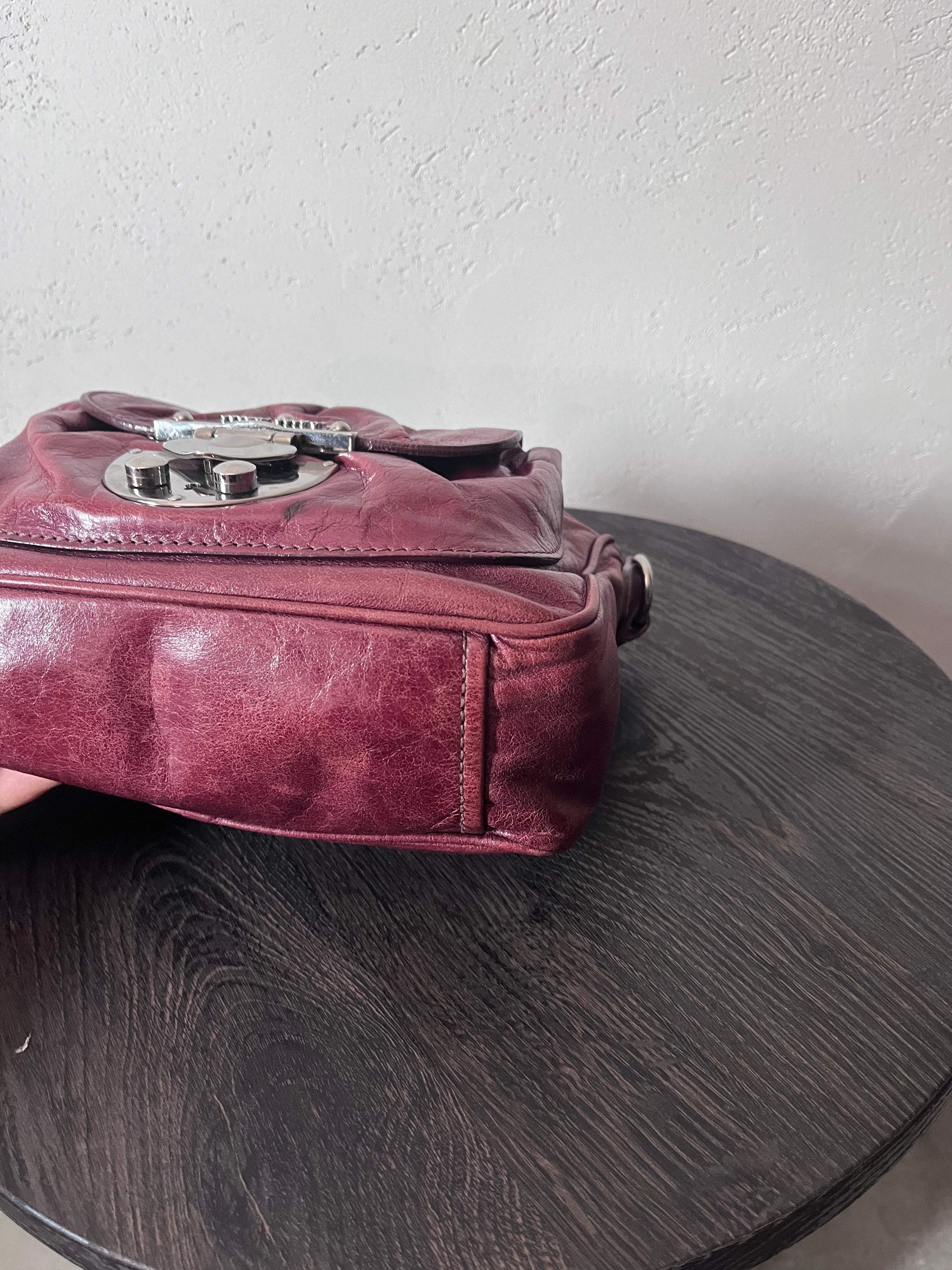Miu Miu Vintage Ruched Leather Push Lock Shoulder Bag Burgundy