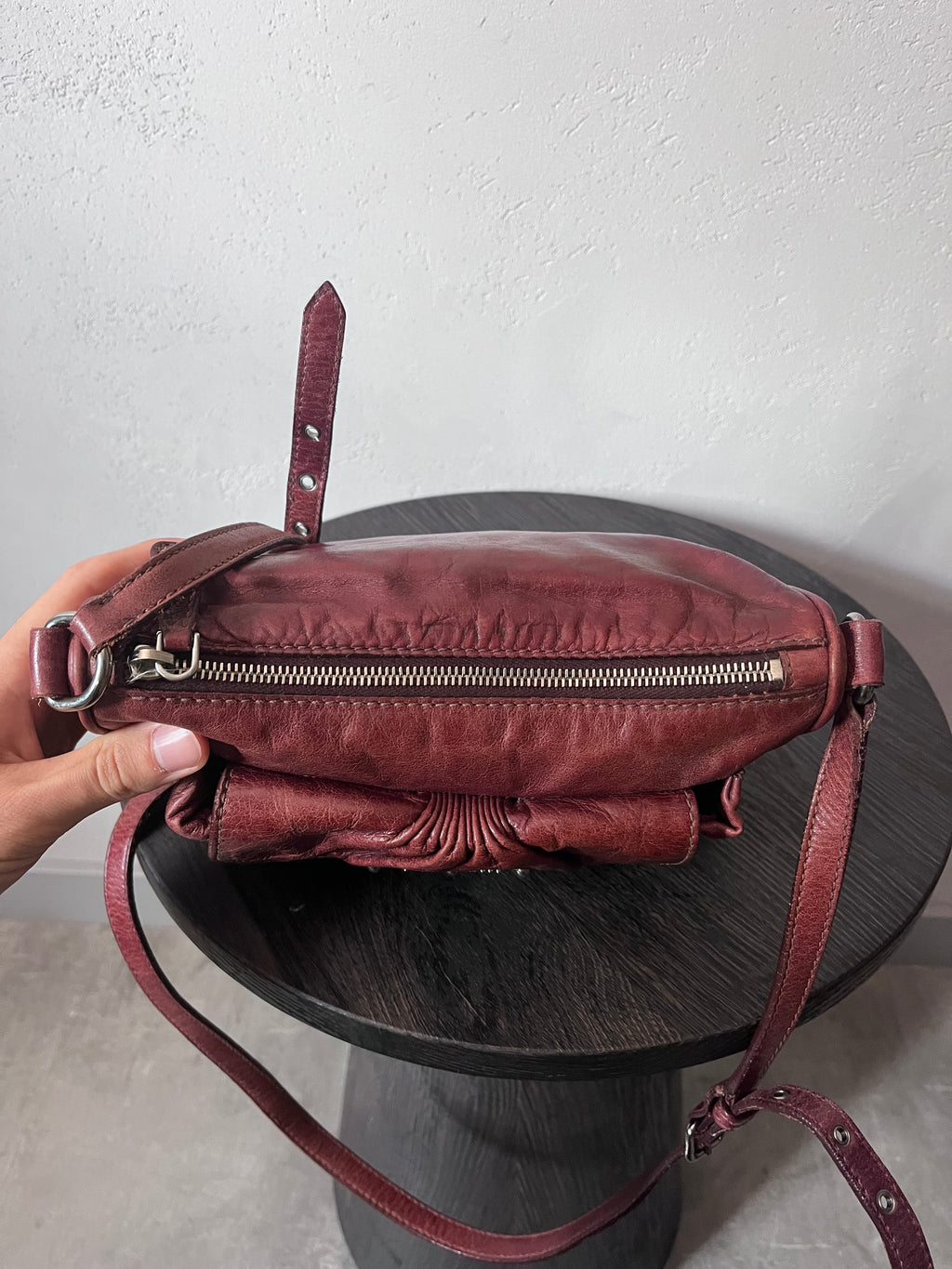 Miu Miu Vintage Ruched Leather Push Lock Shoulder Bag Burgundy