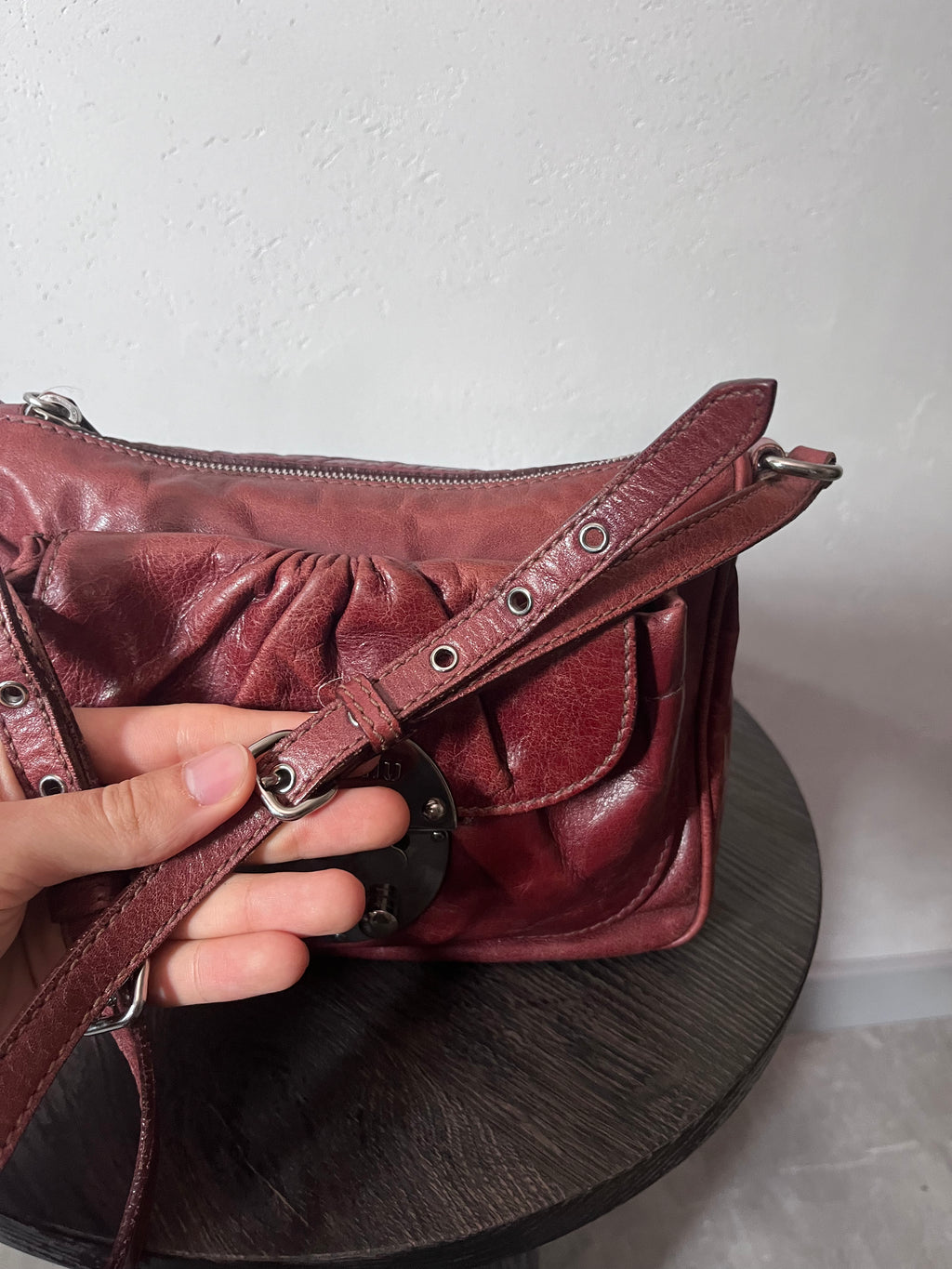 Miu Miu Vintage Ruched Leather Push Lock Shoulder Bag Burgundy