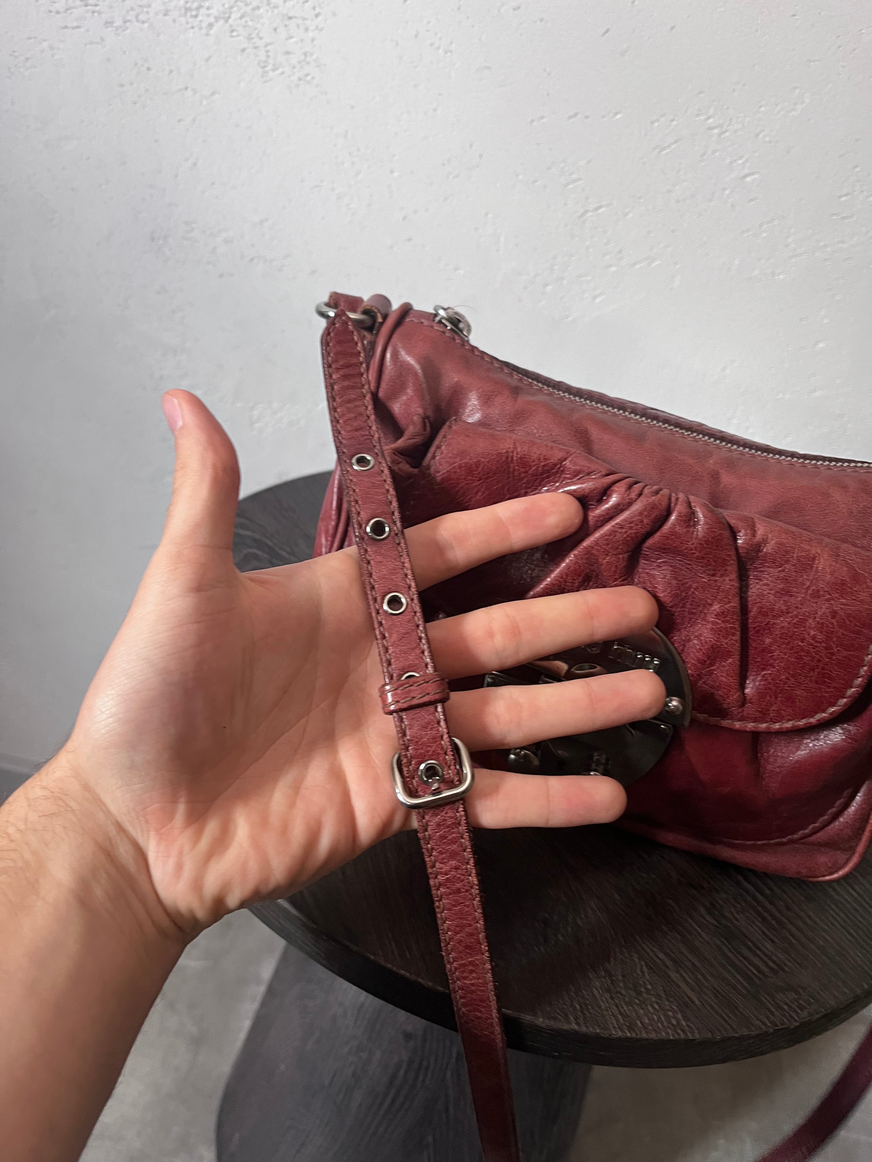 Miu Miu Vintage Ruched Leather Push Lock Shoulder Bag Burgundy
