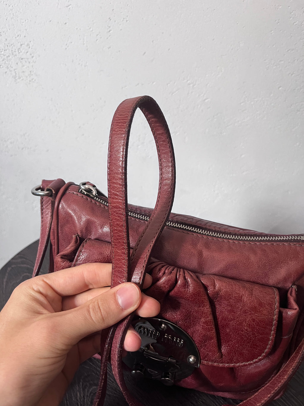 Miu Miu Vintage Ruched Leather Push Lock Shoulder Bag Burgundy