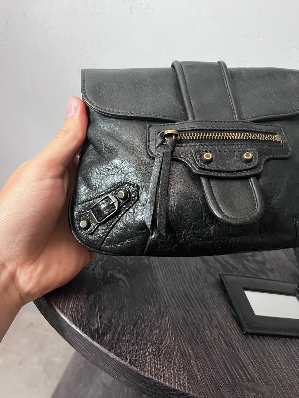Balenciaga Moto Flap Clutch Minaudière Leather Bag Black