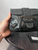 Balenciaga Moto Flap Clutch Minaudière Leather Bag Black