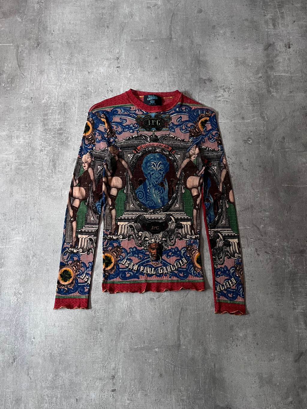 S/S 1994 Jean Paul Gaultier Cabaret Tattoo Mesh Top Longsleeve Multicolor Unisex - XL