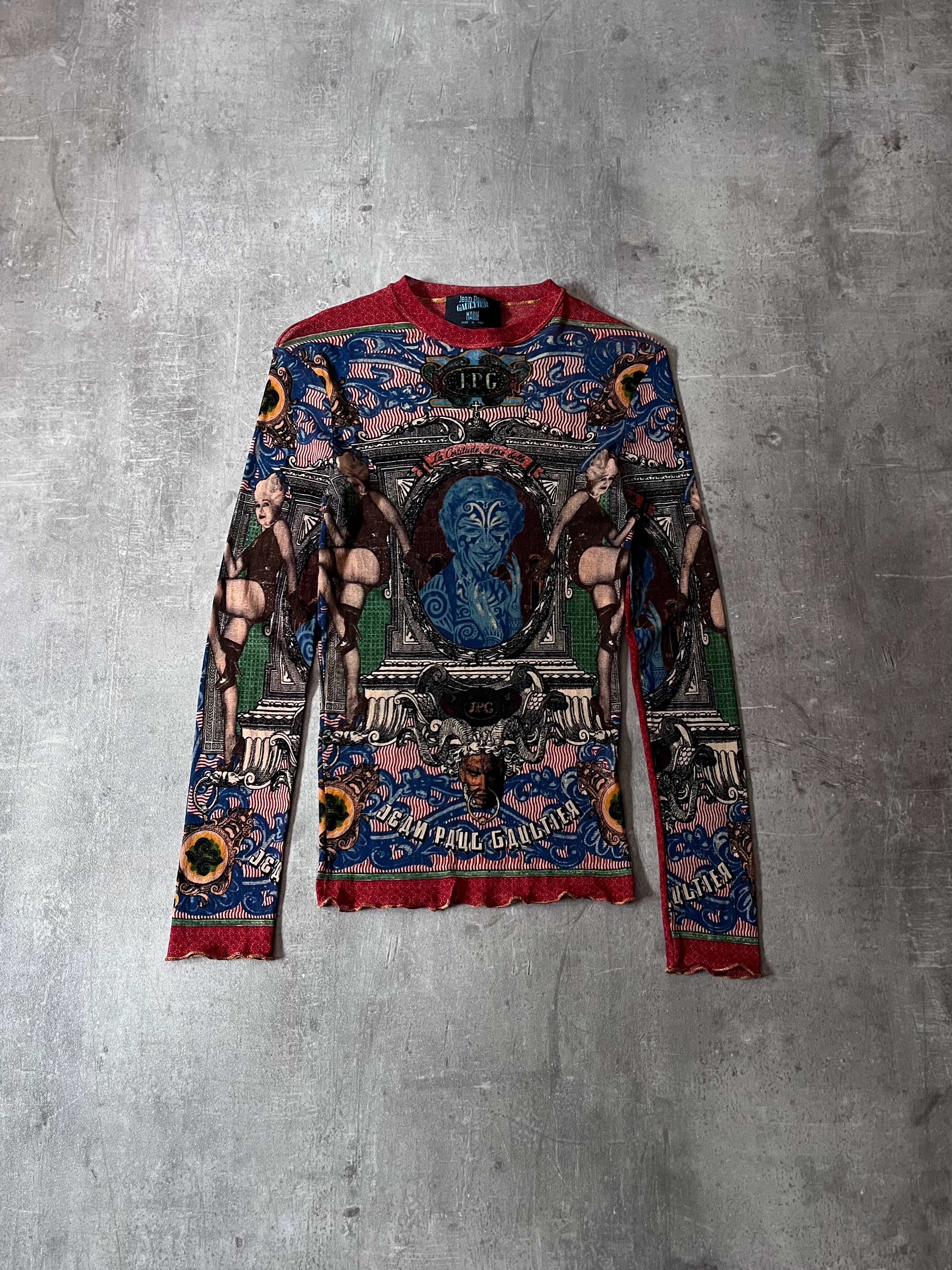 S/S 1994 Jean Paul Gaultier Cabaret Tattoo Mesh Top Longsleeve Multicolor Unisex - XL