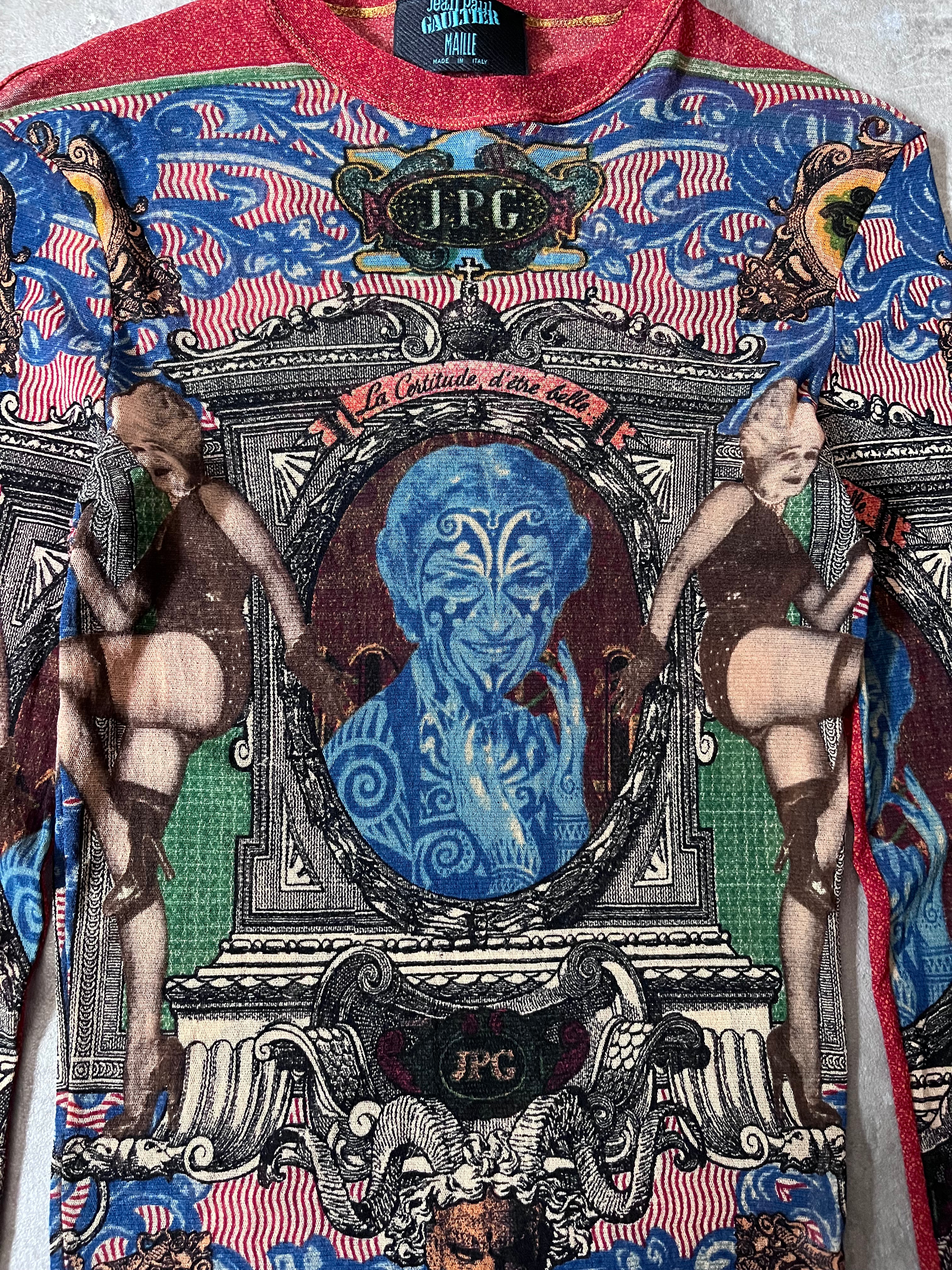 S/S 1994 Jean Paul Gaultier Cabaret Tattoo Mesh Top Longsleeve Multicolor Unisex - XL