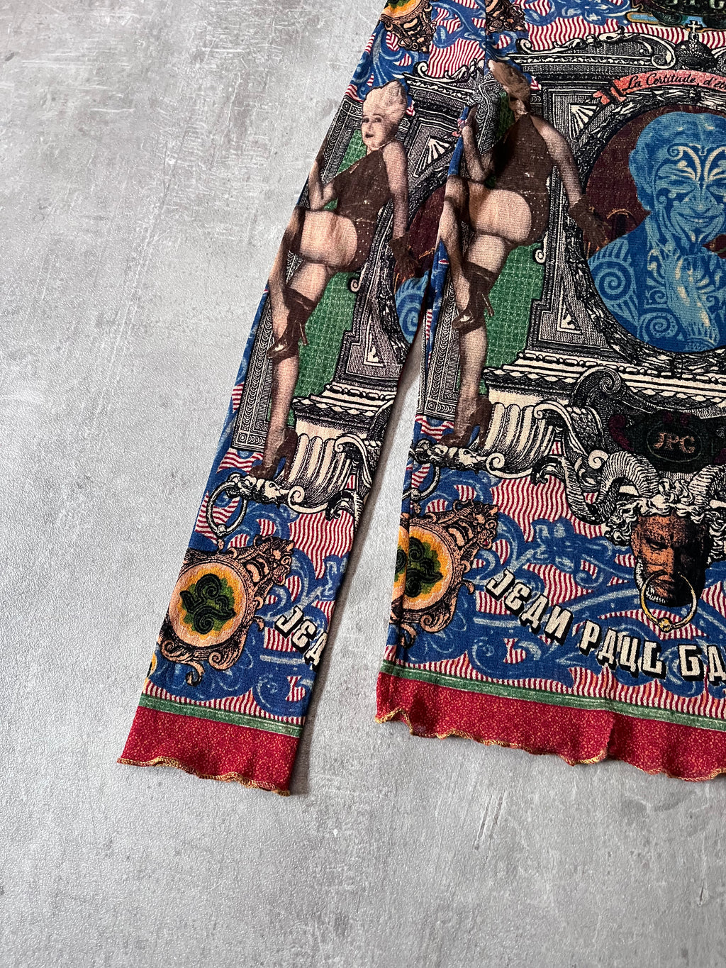 S/S 1994 Jean Paul Gaultier Cabaret Tattoo Mesh Top Longsleeve Multicolor Unisex - XL