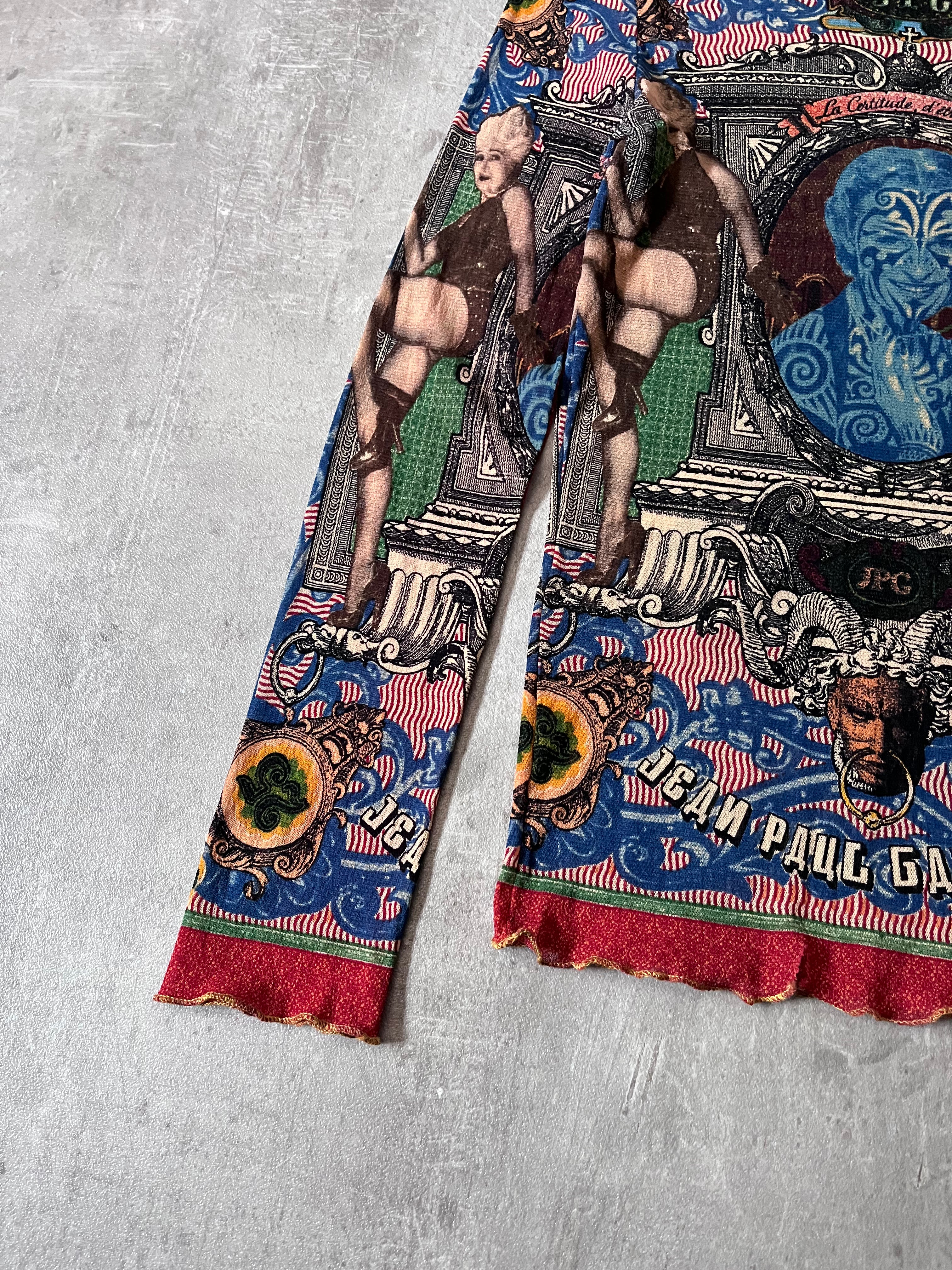 S/S 1994 Jean Paul Gaultier Cabaret Tattoo Mesh Top Longsleeve Multicolor Unisex - XL