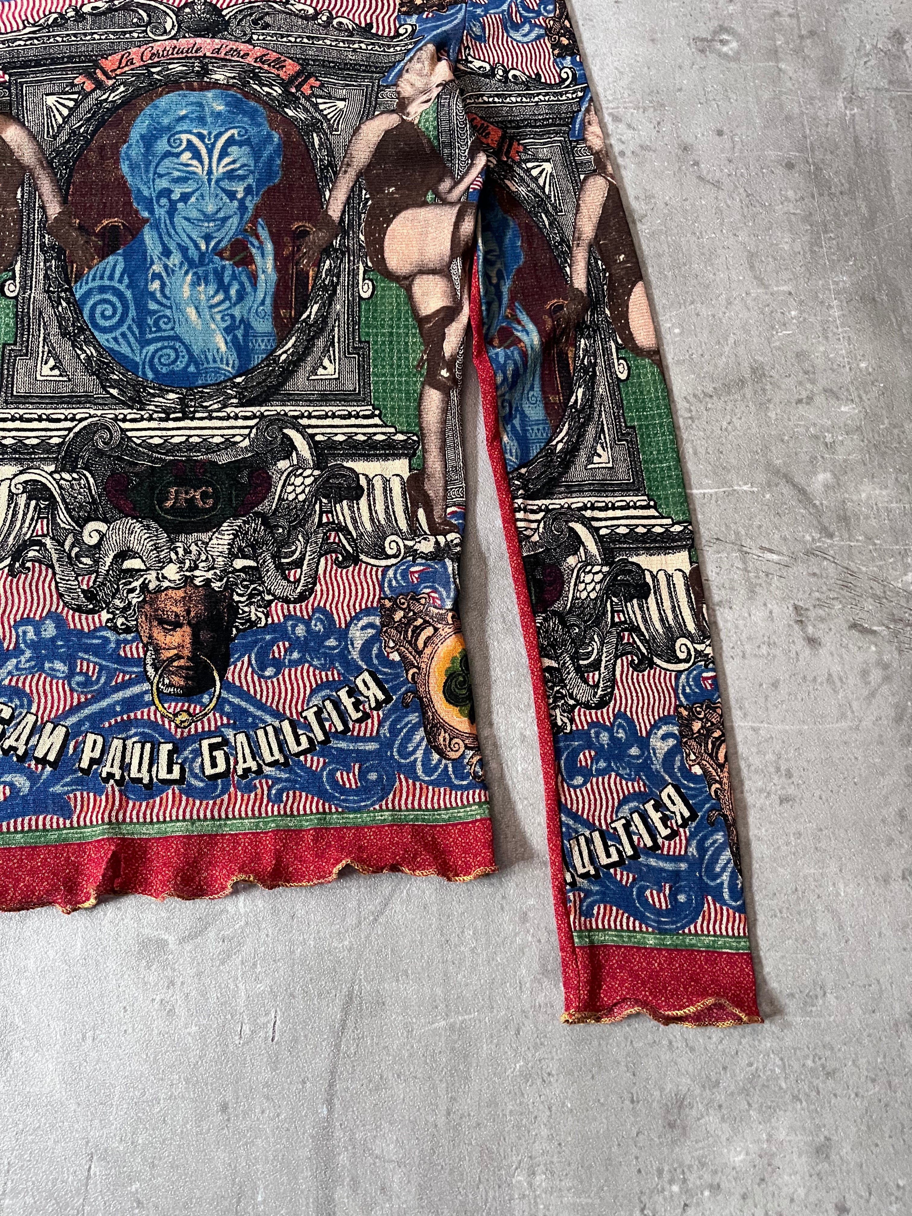 S/S 1994 Jean Paul Gaultier Cabaret Tattoo Mesh Top Longsleeve Multicolor Unisex - XL