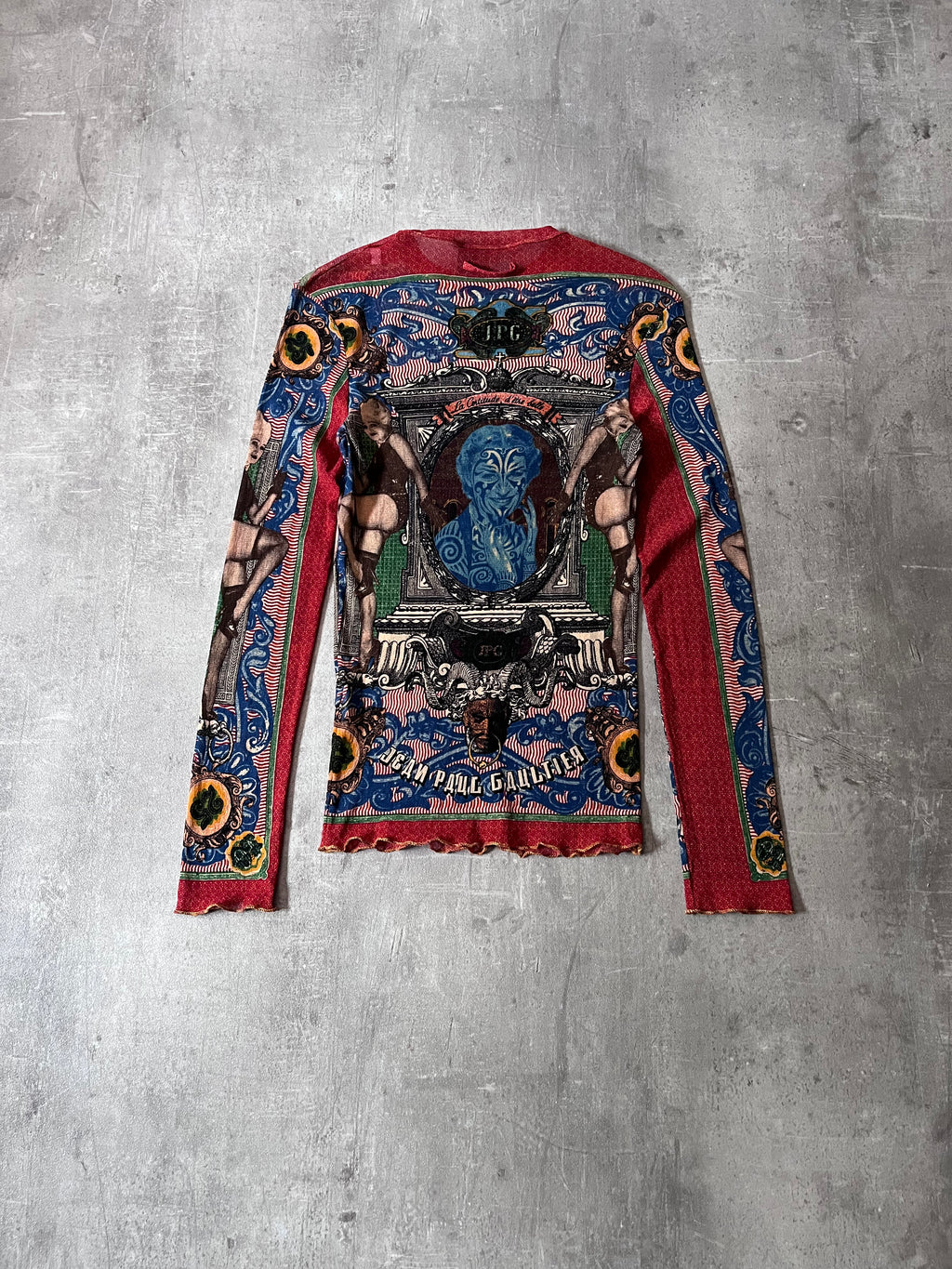 S/S 1994 Jean Paul Gaultier Cabaret Tattoo Mesh Top Longsleeve Multicolor Unisex - XL
