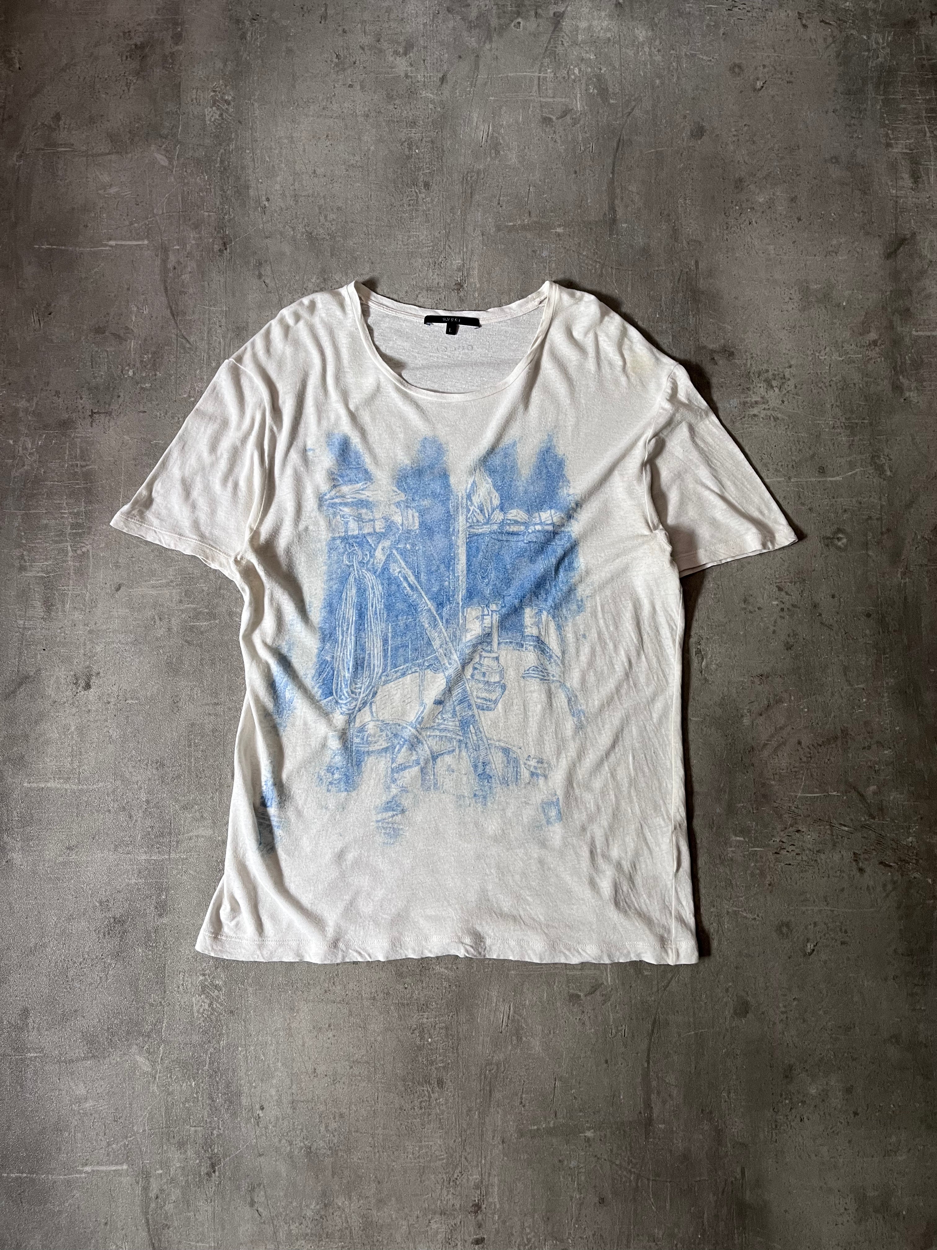 Gucci Vintage Blue Ship Painting T-shirt White Men - L