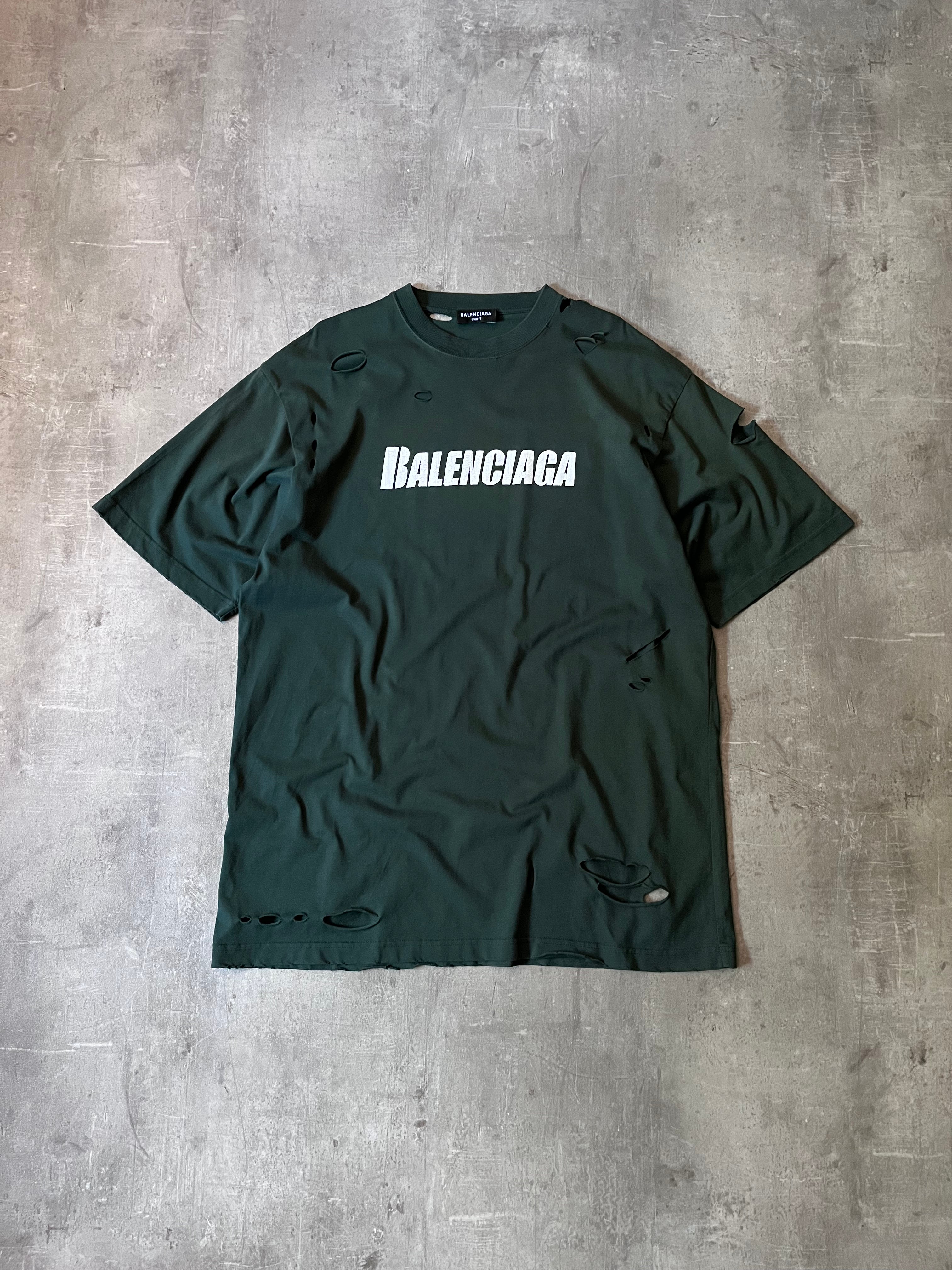 Balenciaga Caps Destroyed T-shirt Dark Green Men- XS