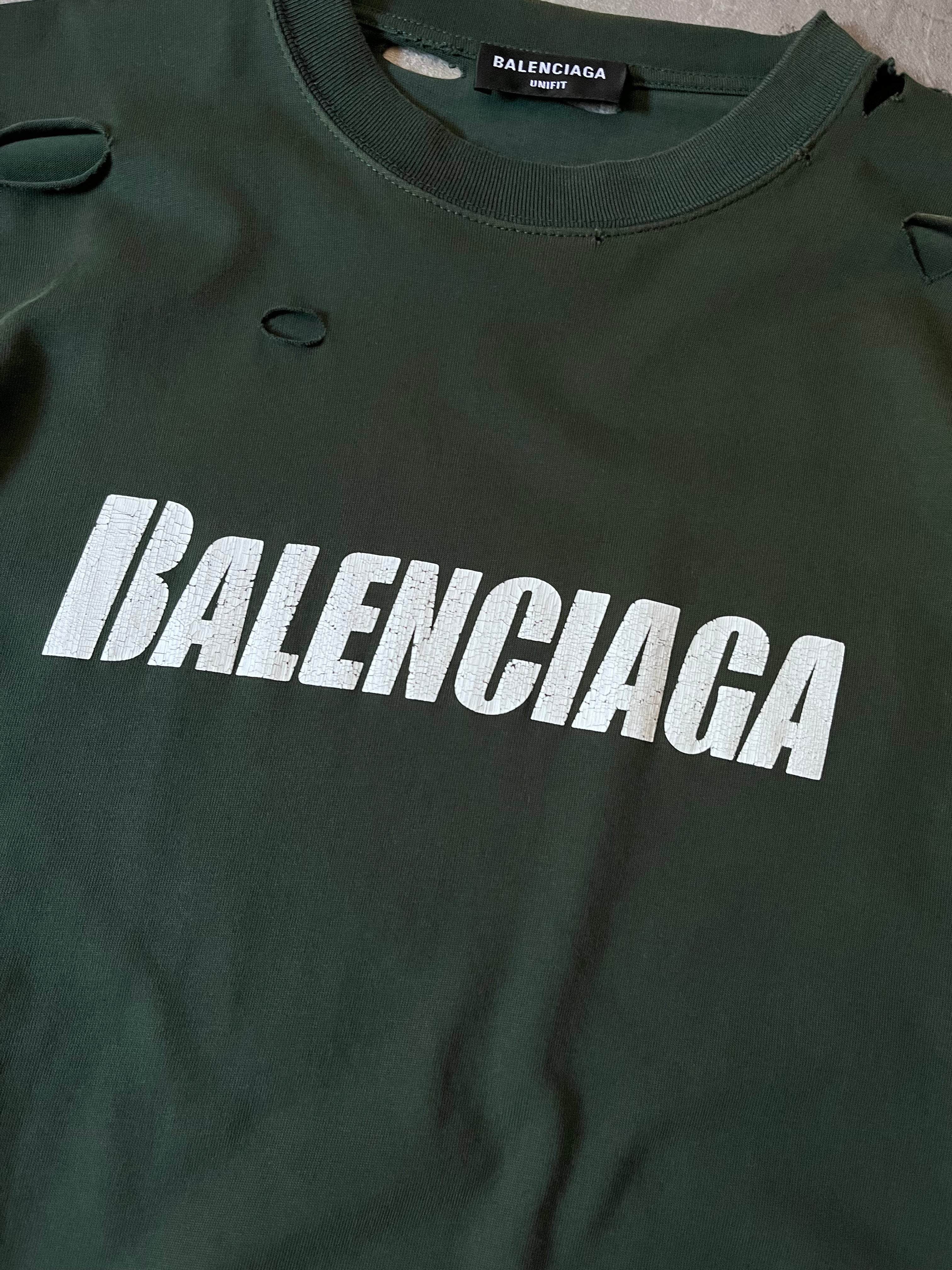 Balenciaga Caps Destroyed T-shirt Dark Green Men- XS