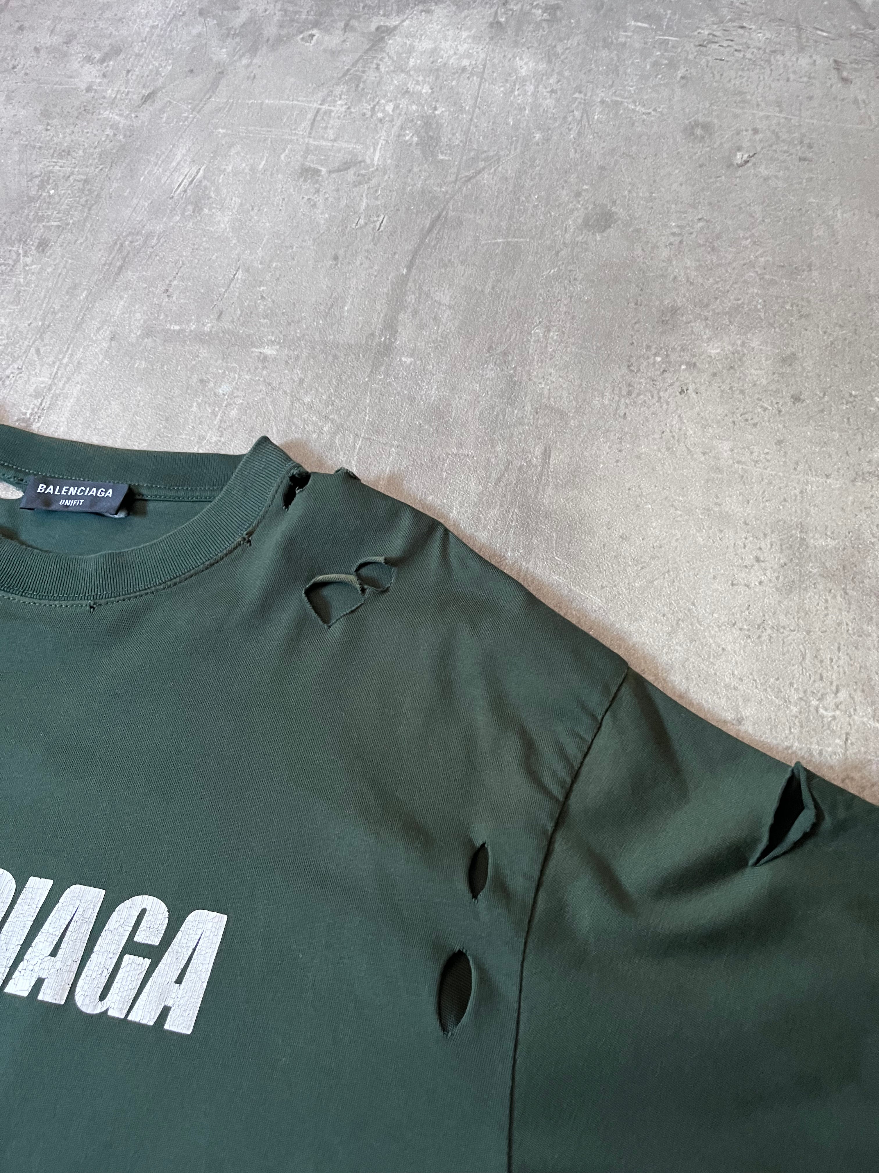 Balenciaga Caps Destroyed T-shirt Dark Green Men- XS