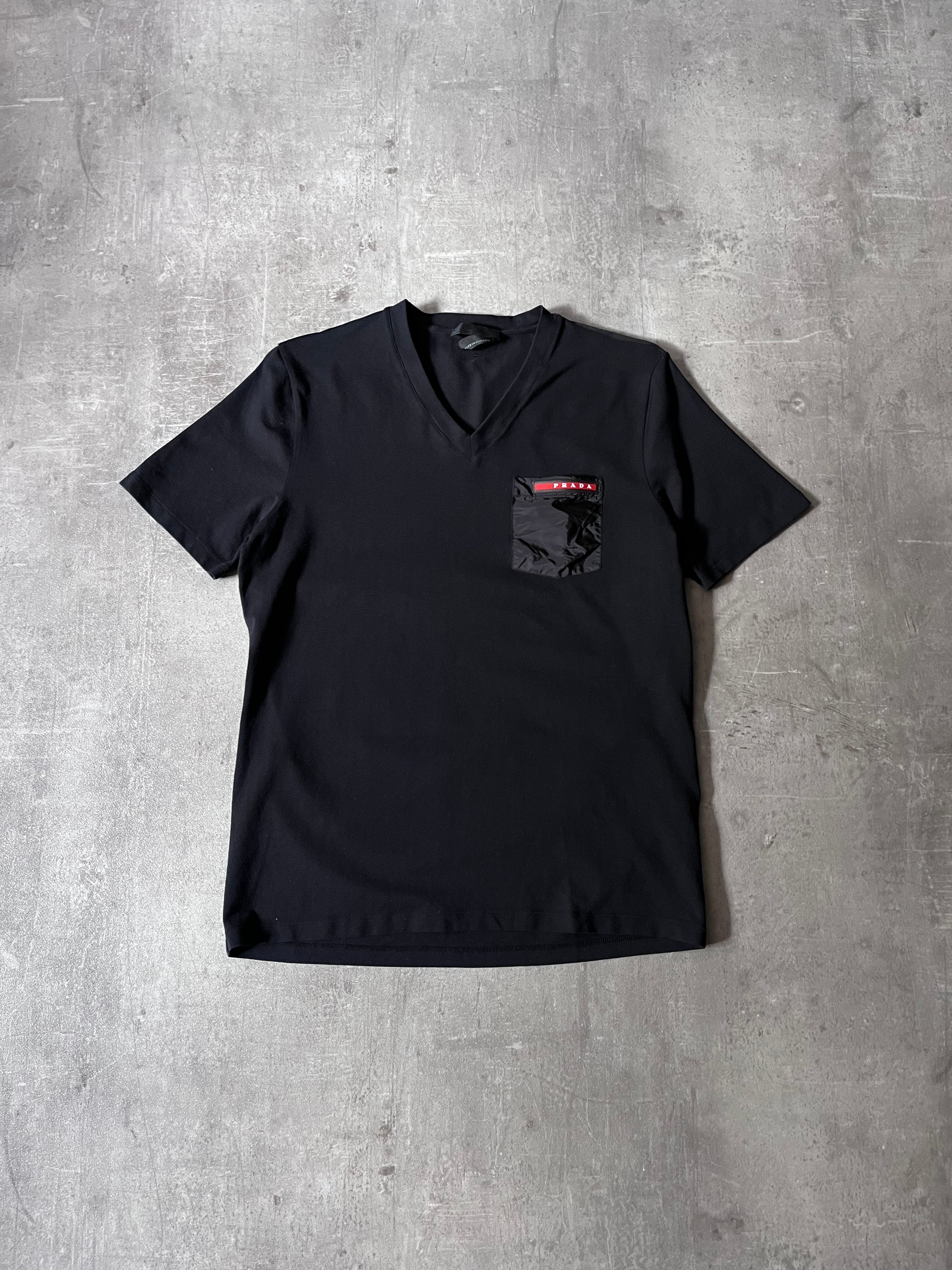 Prada Red Tab Nylon Pocket V-Neck T-shirt Black Men - S