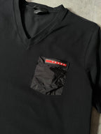 Prada Red Tab Nylon Pocket V-Neck T-shirt Black Men - S