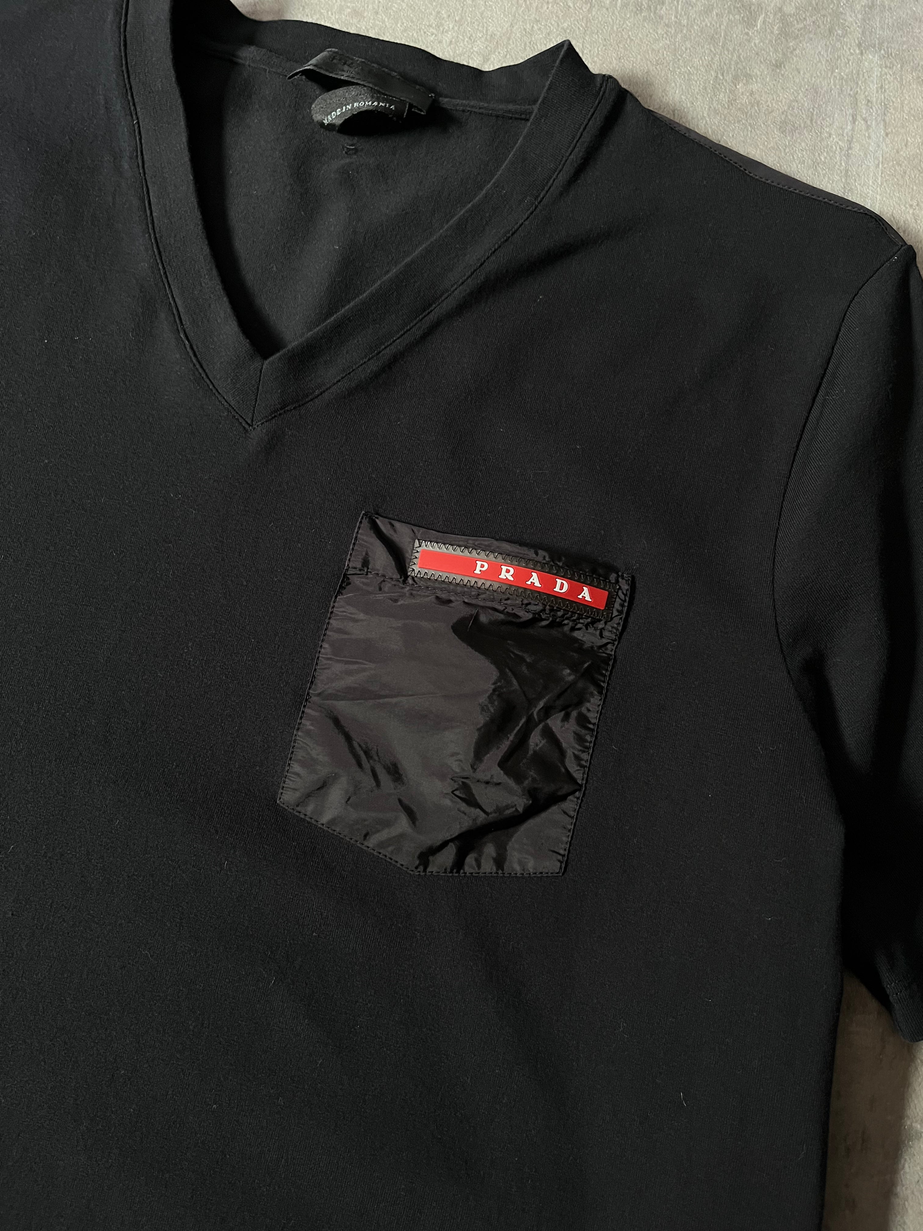 Prada Red Tab Nylon Pocket V-Neck T-shirt Black Men - S