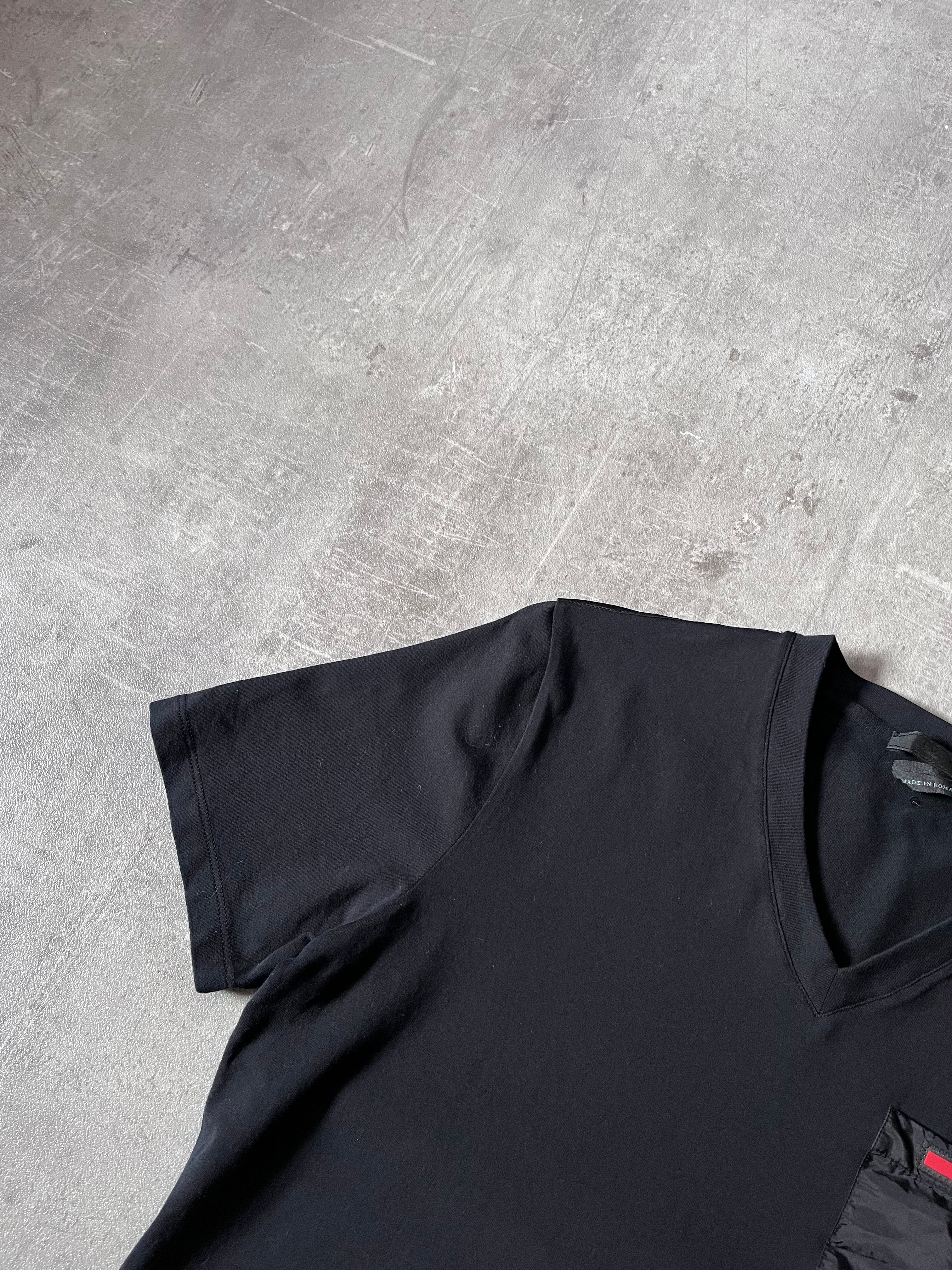 Prada Red Tab Nylon Pocket V-Neck T-shirt Black Men - S