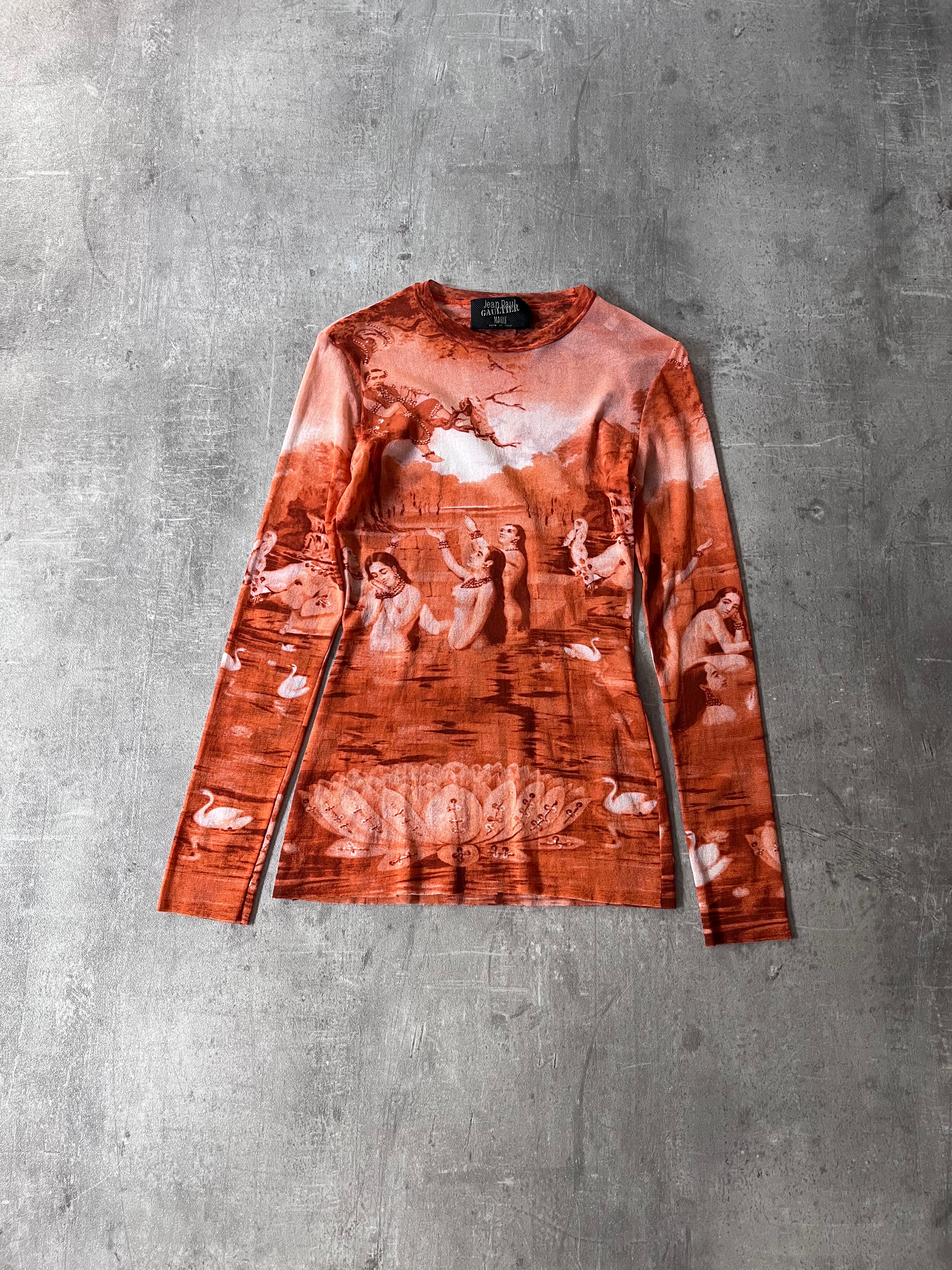 S/S 1994 Jean Paul Gaultier Krishna & The Opis Mesh Top Long Sleeve Orange Unisex - S
