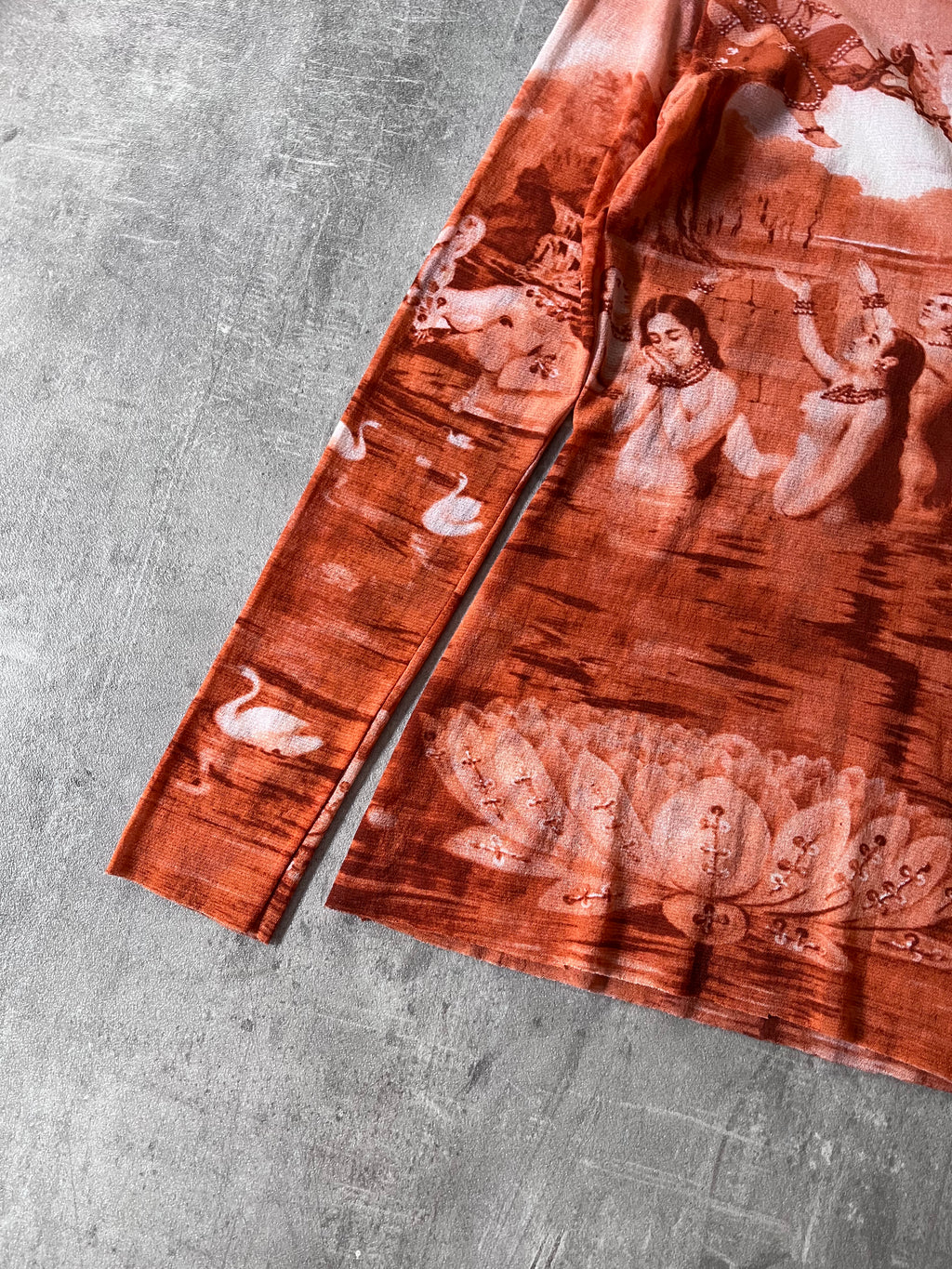 S/S 1994 Jean Paul Gaultier Krishna & The Opis Mesh Top Long Sleeve Orange Unisex - S