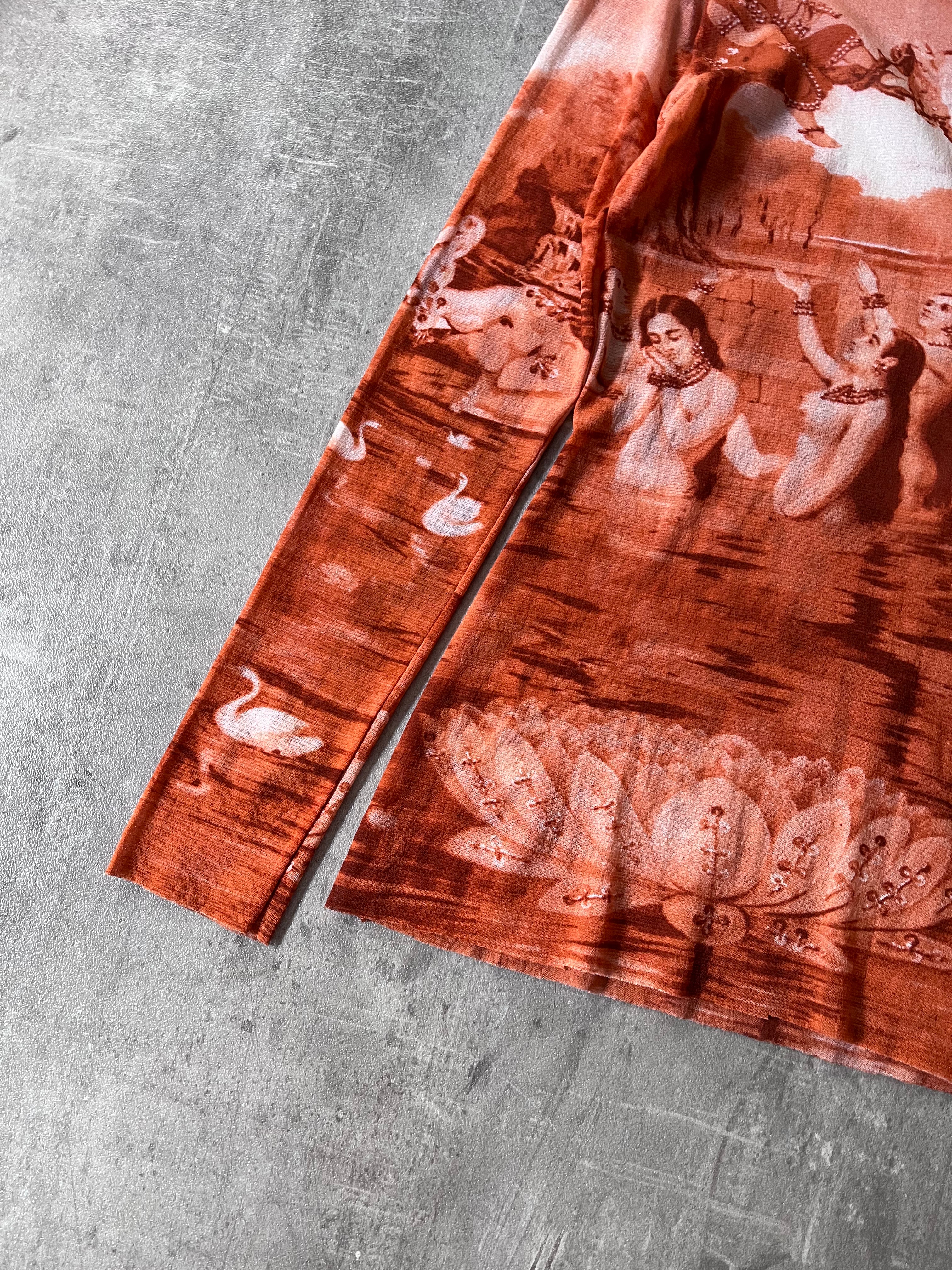 S/S 1994 Jean Paul Gaultier Krishna & The Opis Mesh Top Long Sleeve Orange Unisex - S