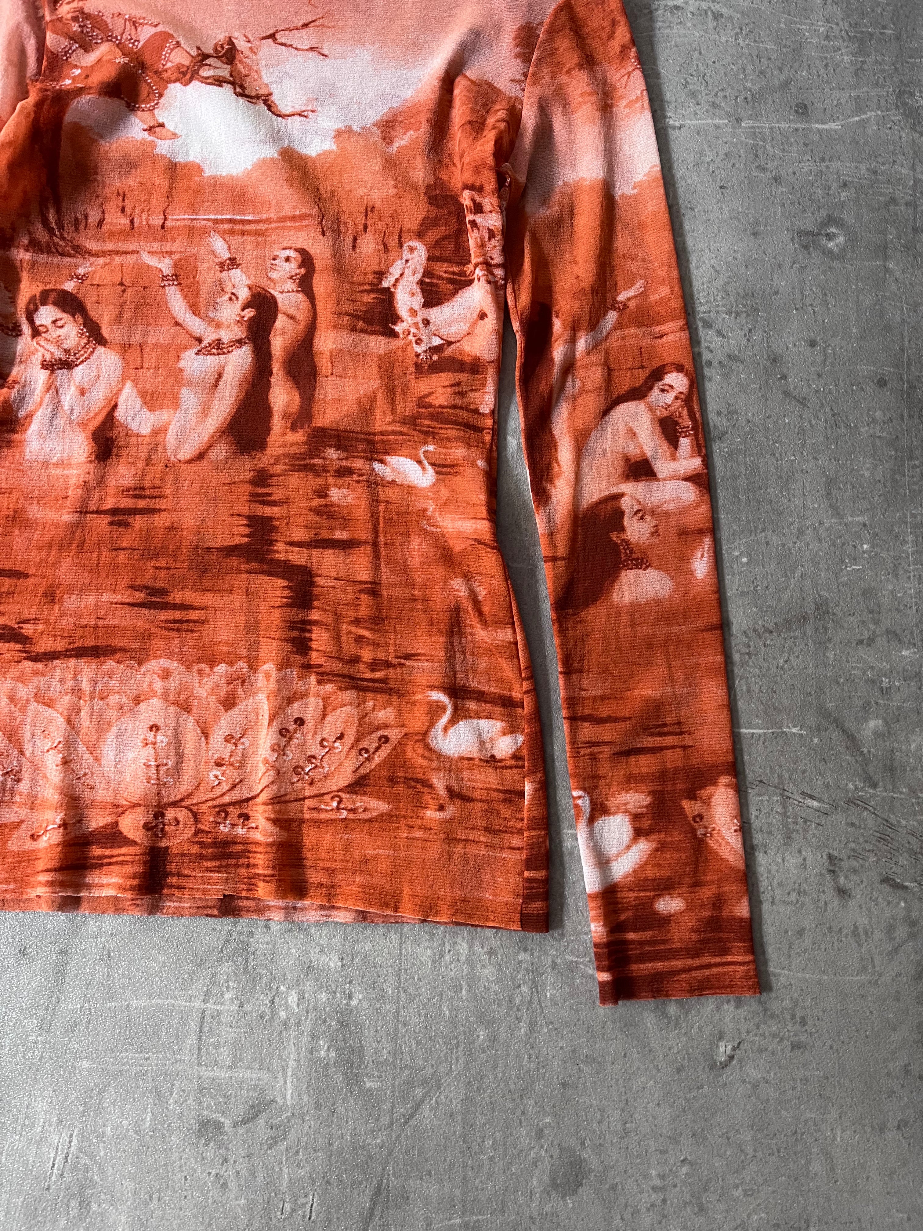 S/S 1994 Jean Paul Gaultier Krishna & The Opis Mesh Top Long Sleeve Orange Unisex - S