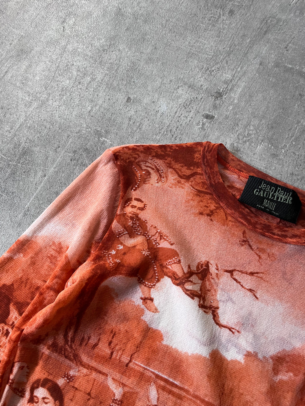 S/S 1994 Jean Paul Gaultier Krishna & The Opis Mesh Top Long Sleeve Orange Unisex - S