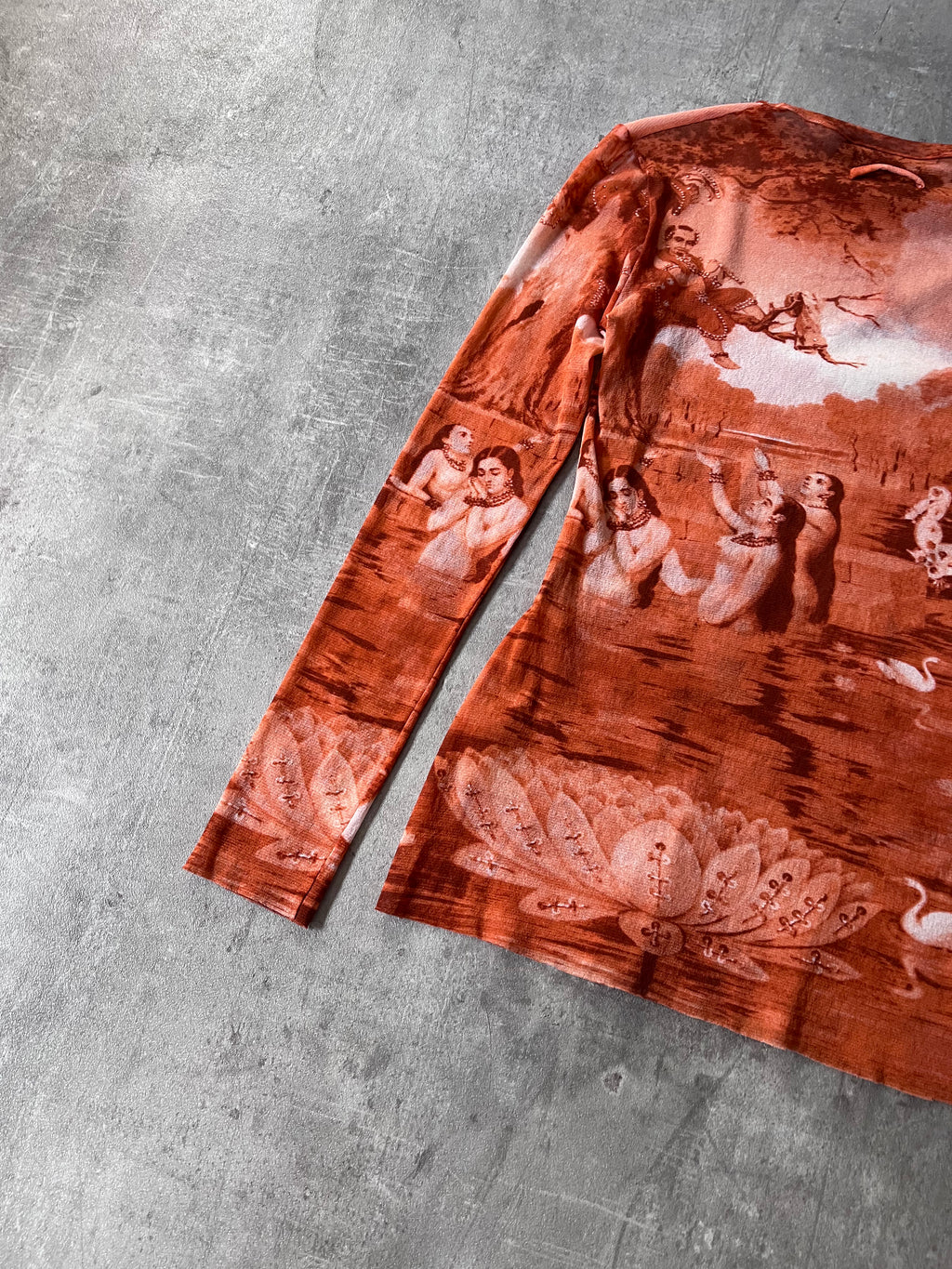 S/S 1994 Jean Paul Gaultier Krishna & The Opis Mesh Top Long Sleeve Orange Unisex - S