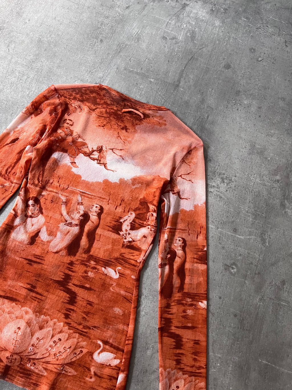 S/S 1994 Jean Paul Gaultier Krishna & The Opis Mesh Top Long Sleeve Orange Unisex - S