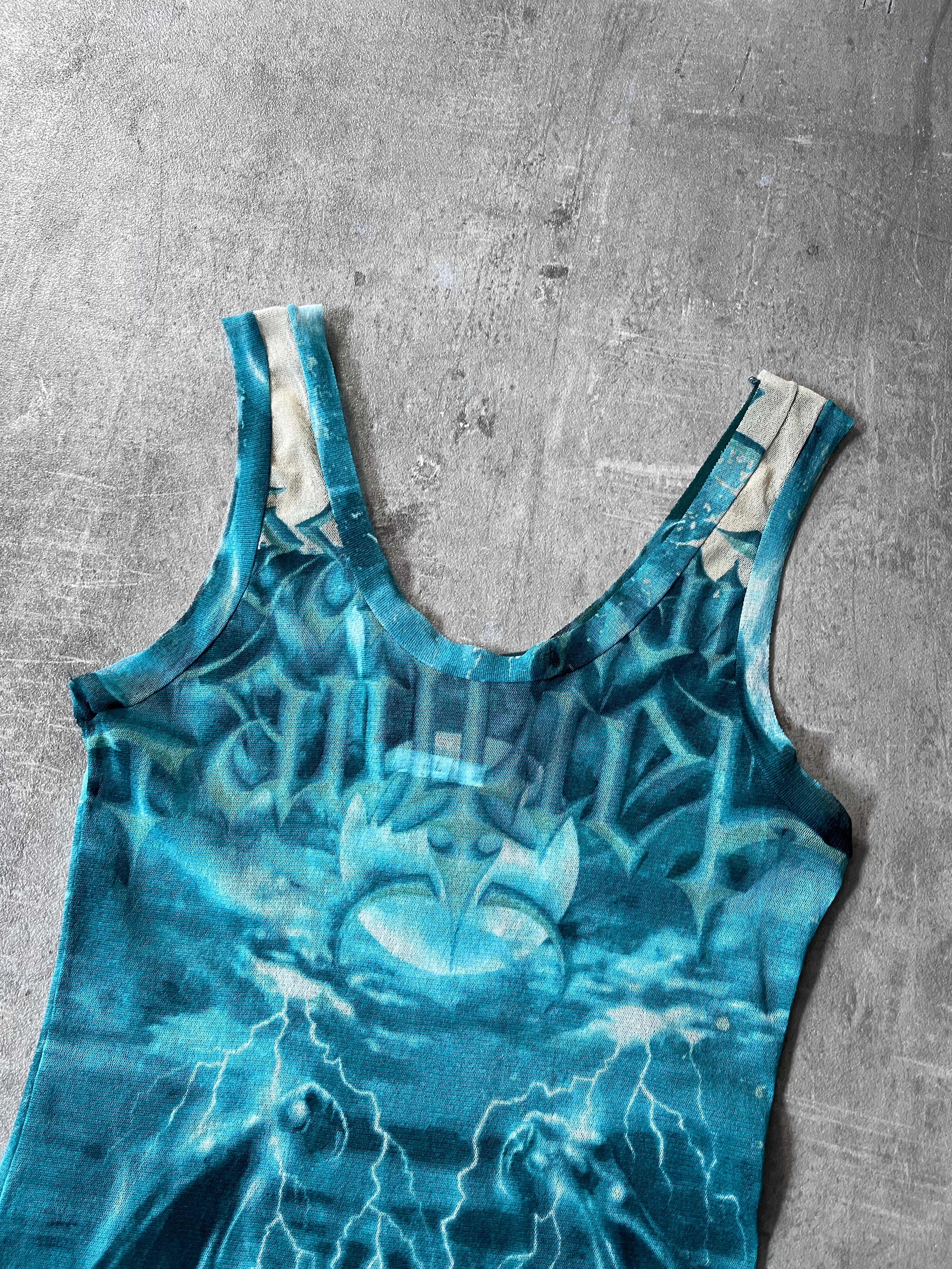 S/S 2001 Jean Paul Gaultier "Satan" Tatto Mesh Top Tank Top Blue - L
