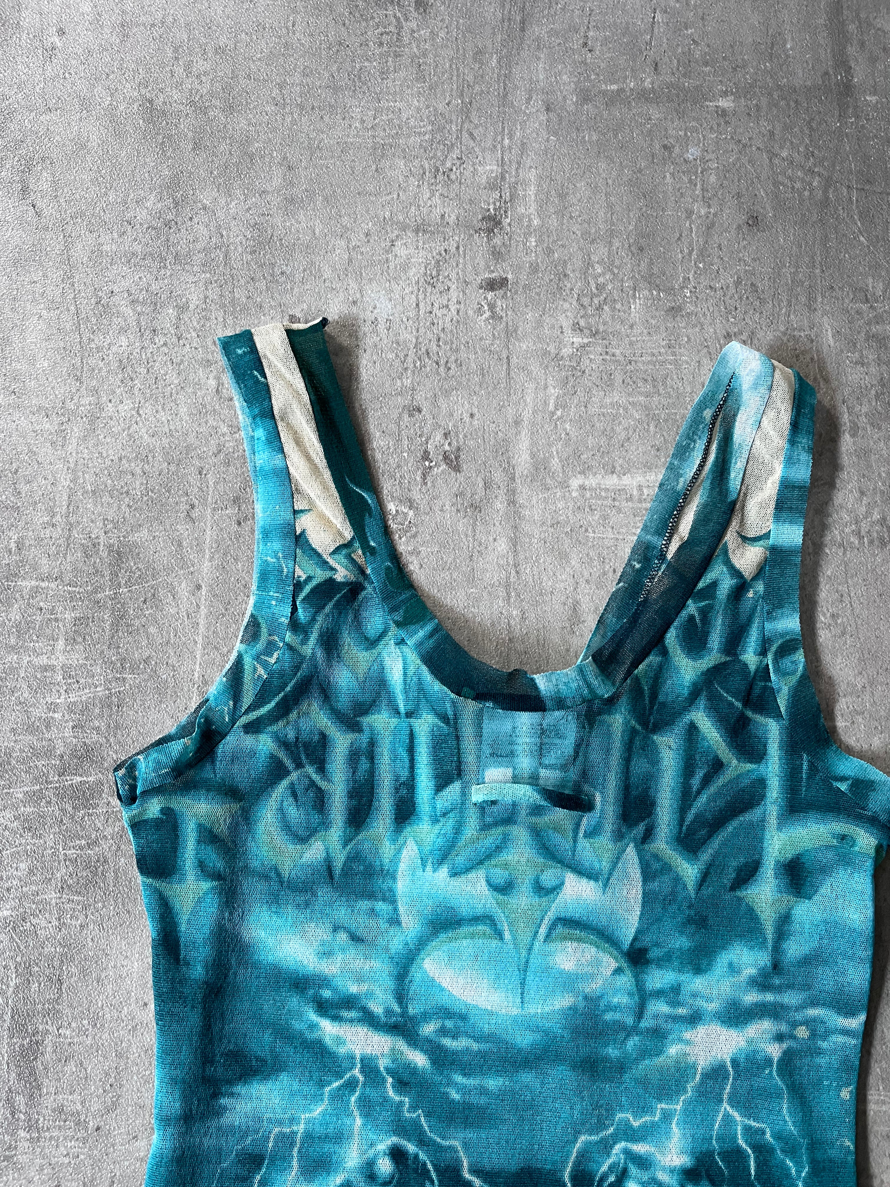 S/S 2001 Jean Paul Gaultier "Satan" Tatto Mesh Top Tank Top Blue - L