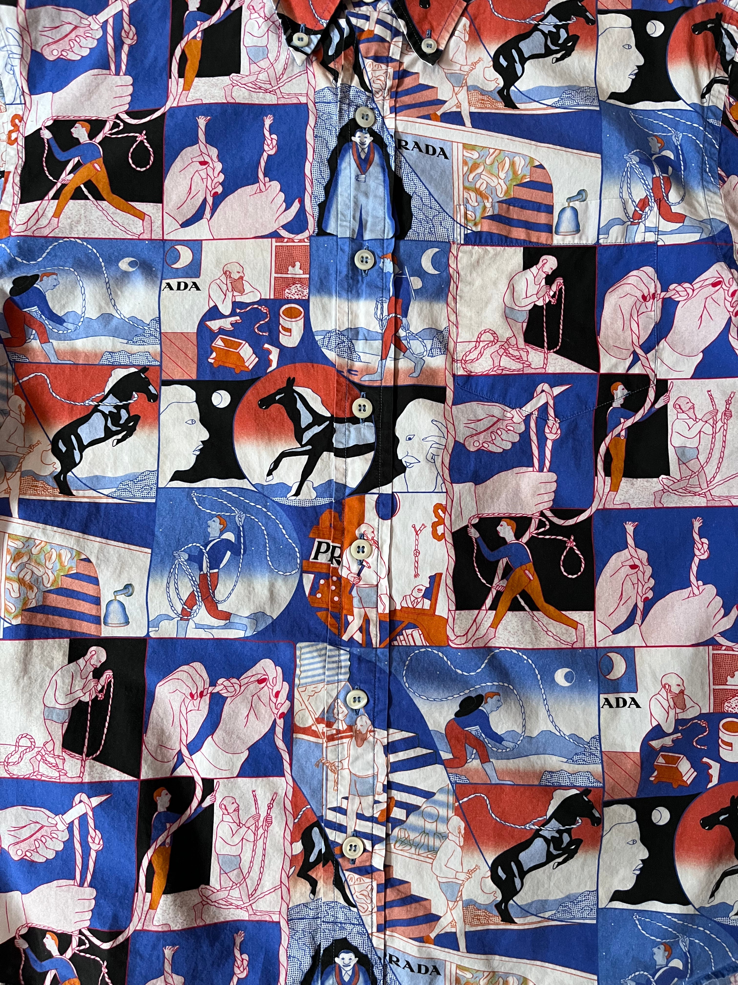 S/S 2018 Prada Comics All Over Print Rope Motif Short Sleeve Shirt Multicolor Men - L