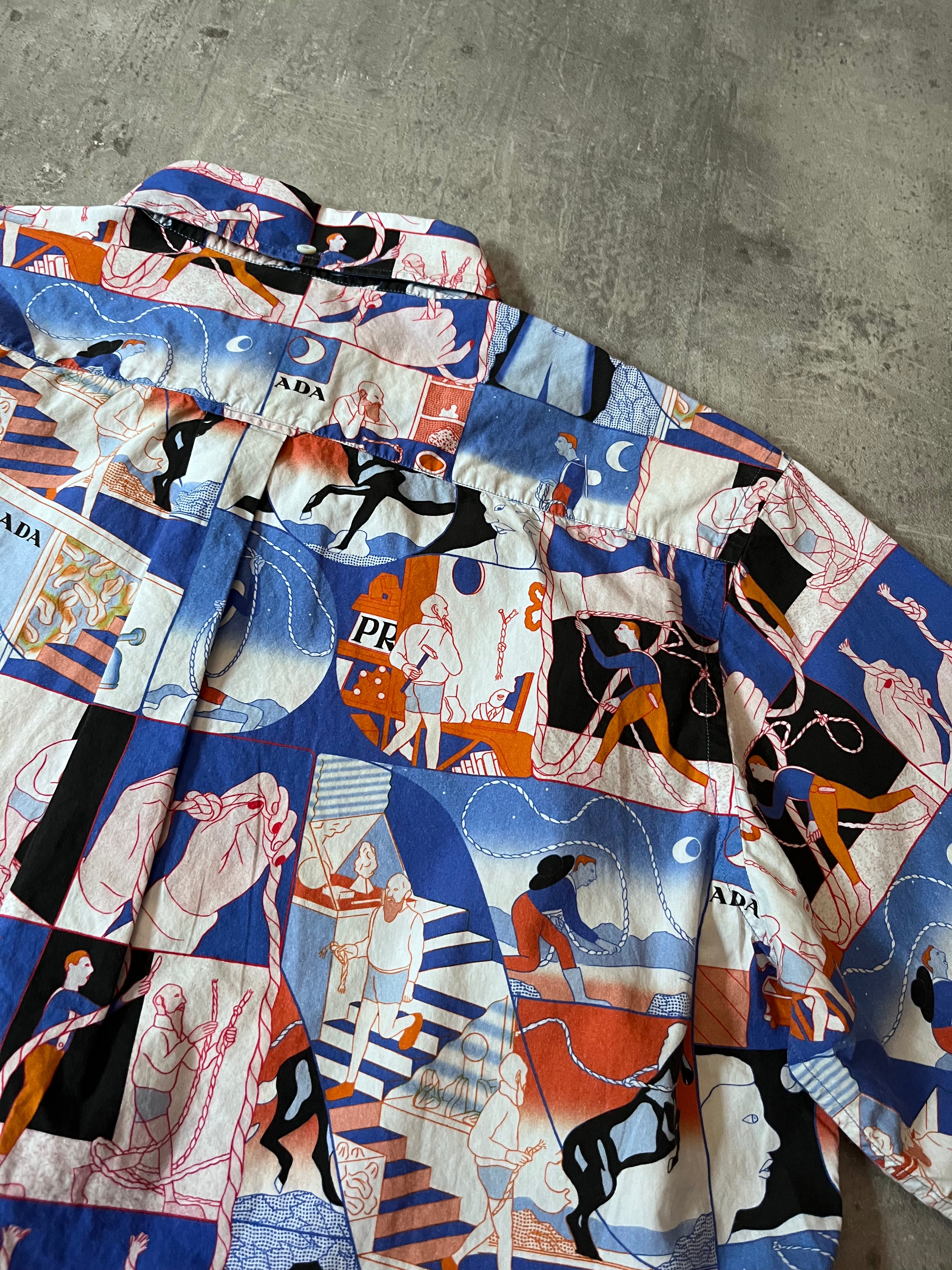 S/S 2018 Prada Comics All Over Print Rope Motif Short Sleeve Shirt Multicolor Men - L
