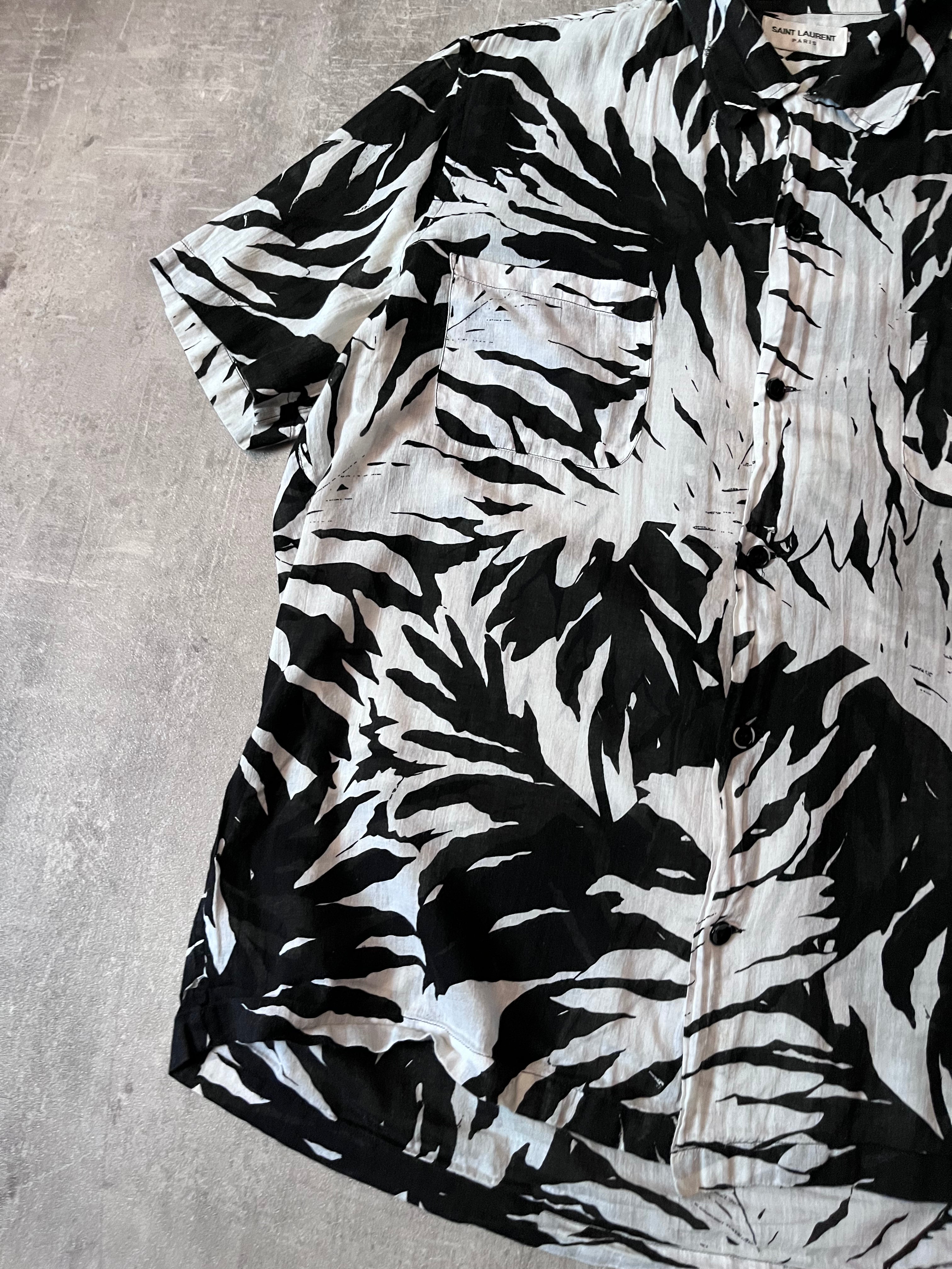 S/S 2016 Saint Laurent Paris Palm Tree Print Hawaiian Short Sleeve Shirt White Black Men - M