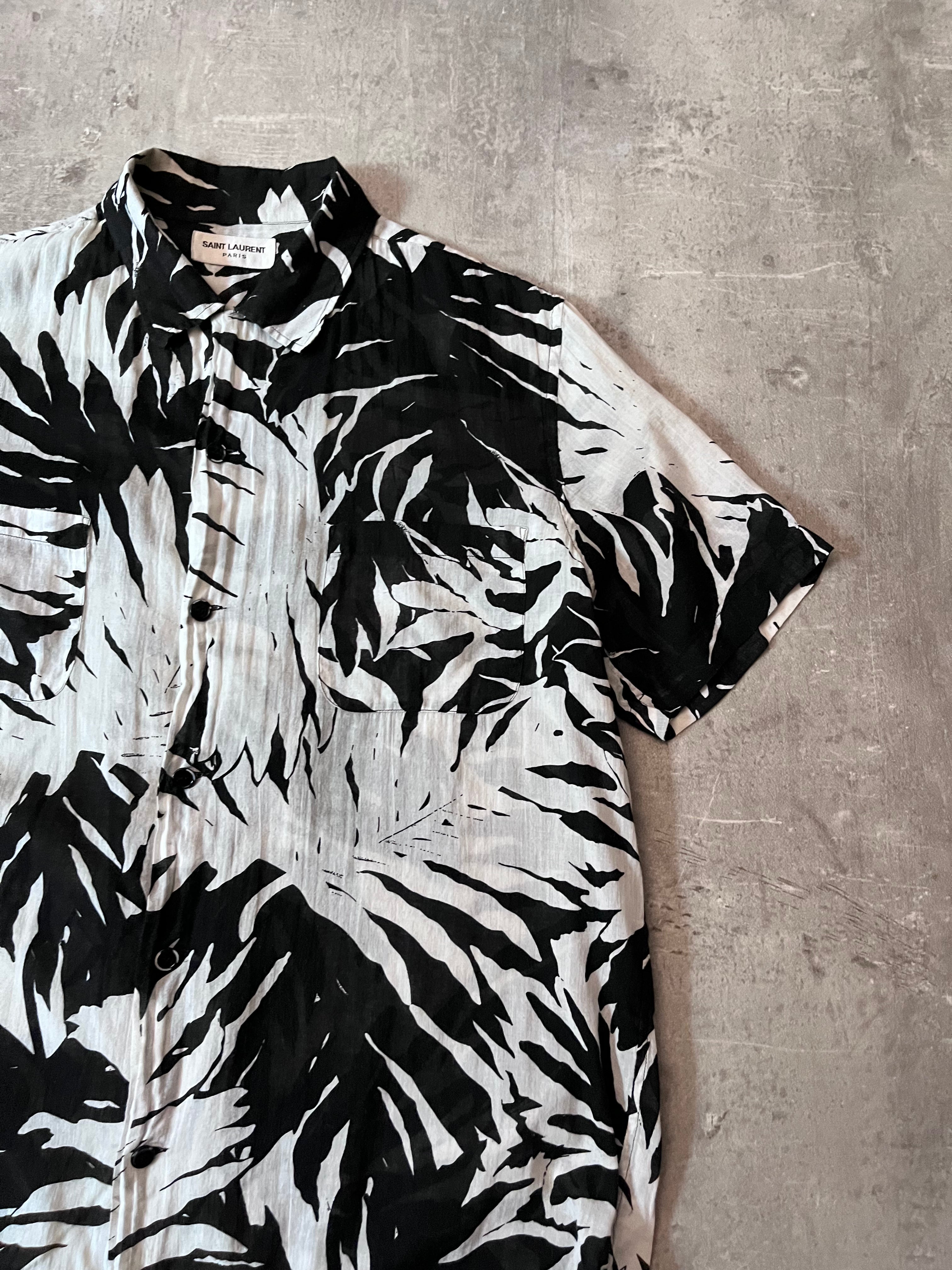 S/S 2016 Saint Laurent Paris Palm Tree Print Hawaiian Short Sleeve Shirt White Black Men - M