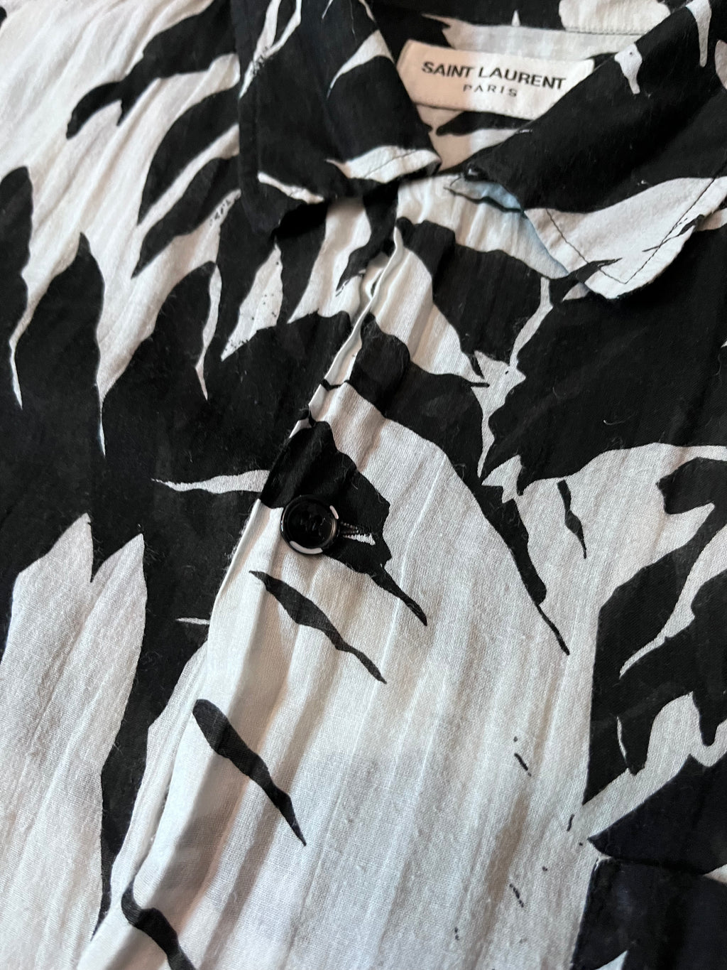 S/S 2016 Saint Laurent Paris Palm Tree Print Hawaiian Short Sleeve Shirt White Black Men - M